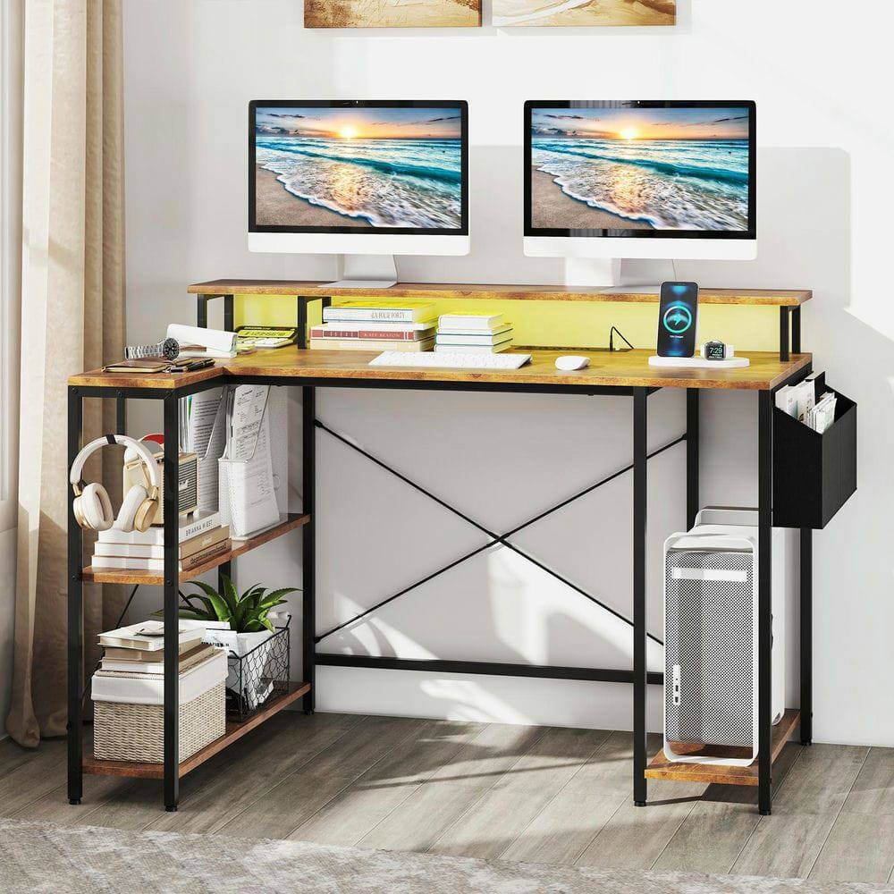 Angle. Kadyn - L-Shaped Gaming Desk - LED Lights & Power Outlets, Rustic Brown and Black - Brown.