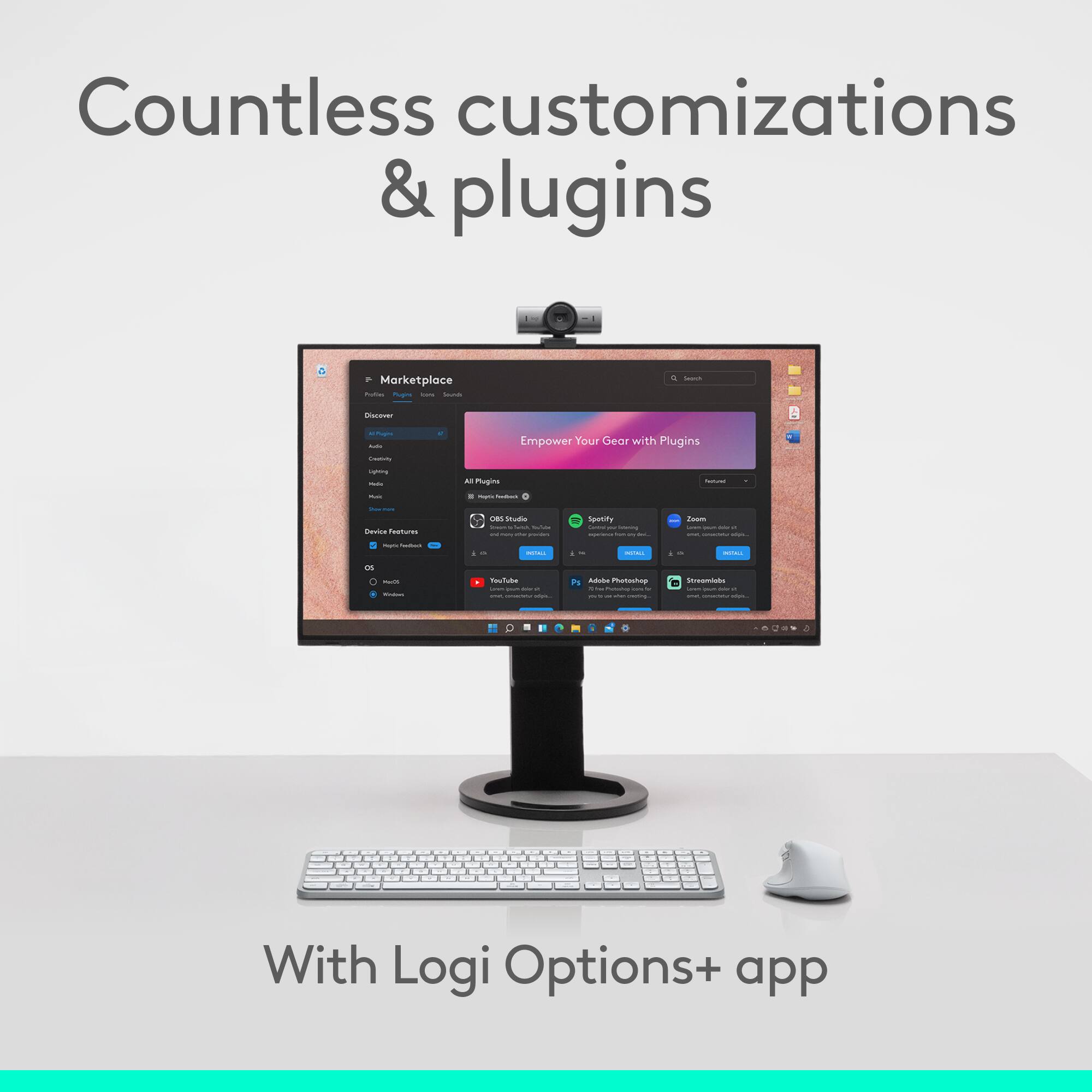 Countless customizations & plugins - Marketplace - Empower Your Gear with Plugins - Benics Features - Spotify | Zoom | YouTube | Adobe Photoshop | With Logi Options+ app.