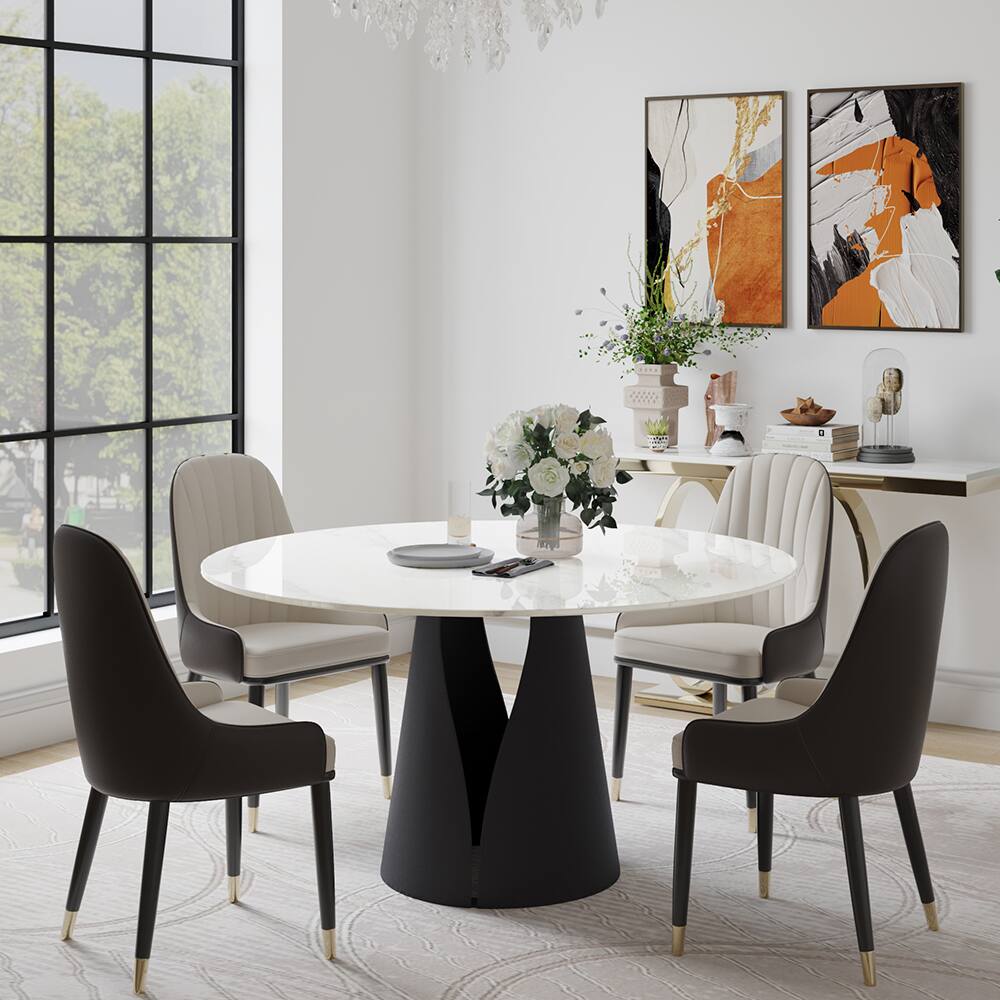Angle. POVISON - 51" Modern Round White Dining Table for 4, Glossy Sintered Stone Tabletop, Solid Black Carbon Steel Base - Glossy White Sintered Stone & Black Steel Base.