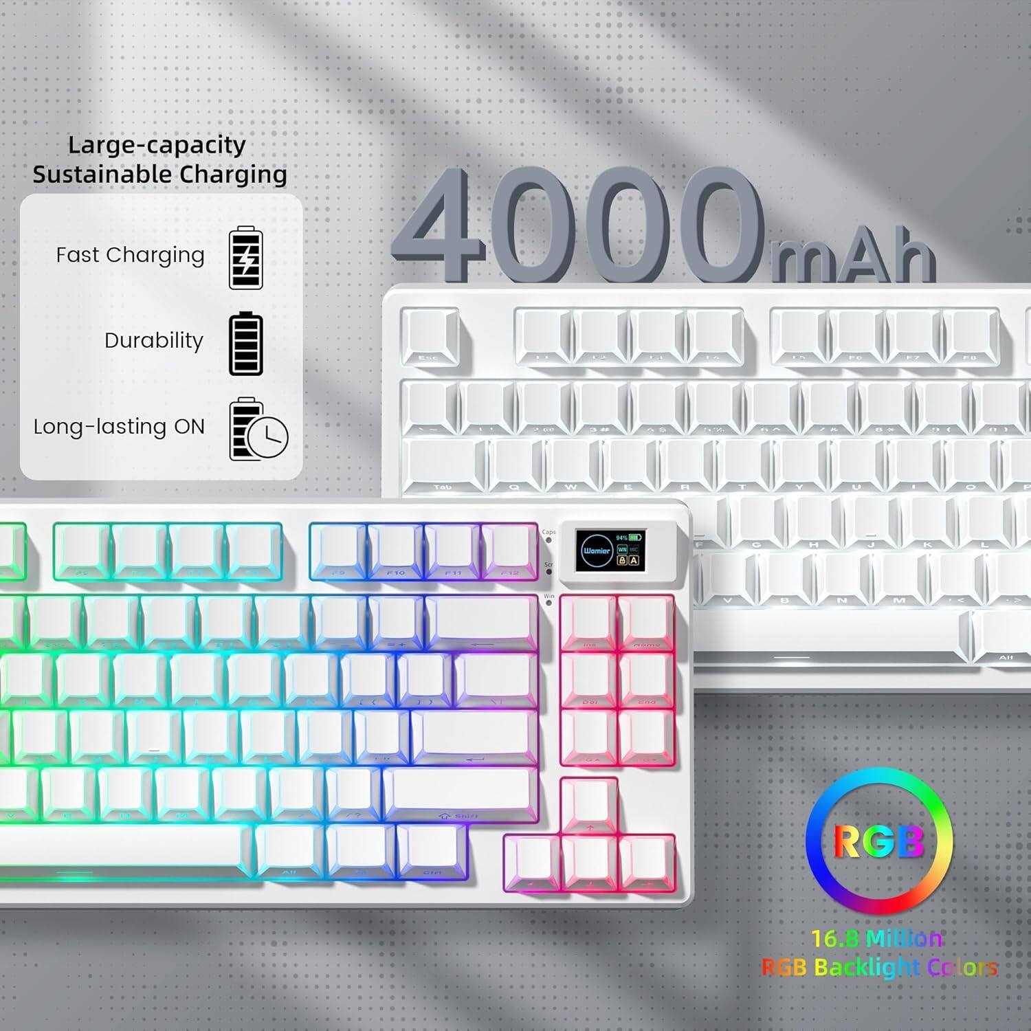 Large-capacity Sustainable Charging  
Fast Charging  
Durability  
Long-lasting ON  

4000 mAh  

RGB  
16.8 Million RGB Backlight Colors