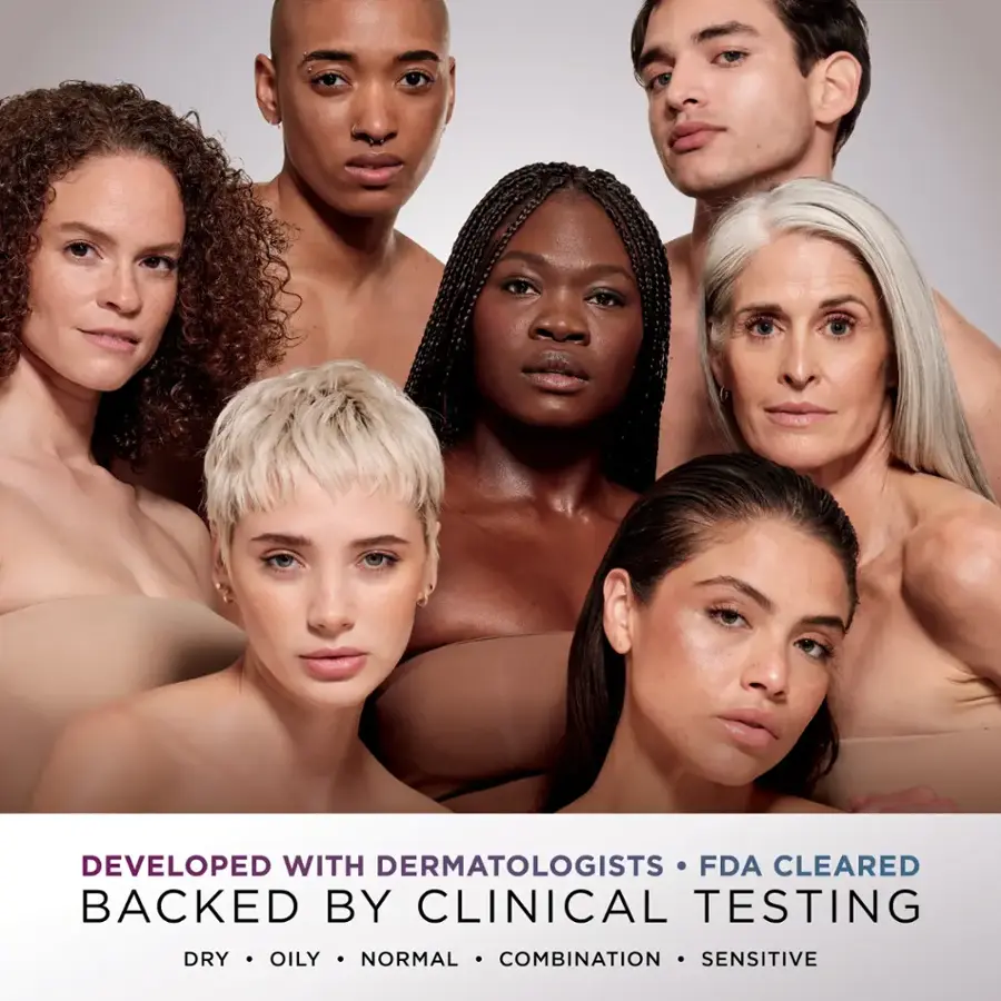 Developed with dermatologists, FDA cleared, backed by clinical testing, dry, oily, normal, combination, sensitive.