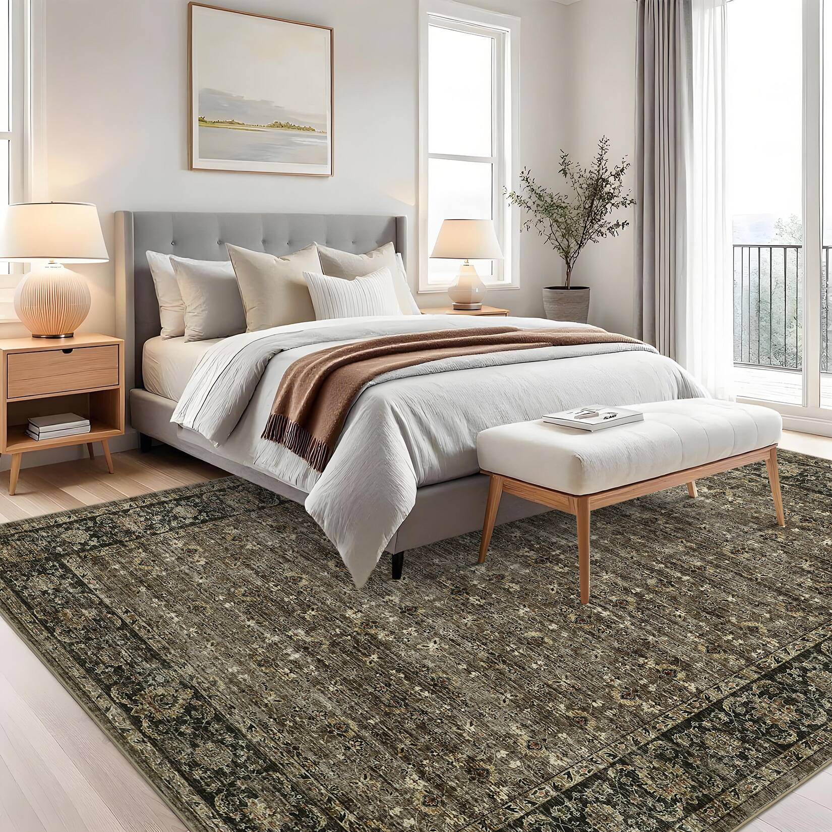 Left. GARVEE - GARVEE Vintage Floral Print Area Rug Machine Washable Low Pile Non Slip Distressed Floor Cover for Bedroom Kitchen - Camel.