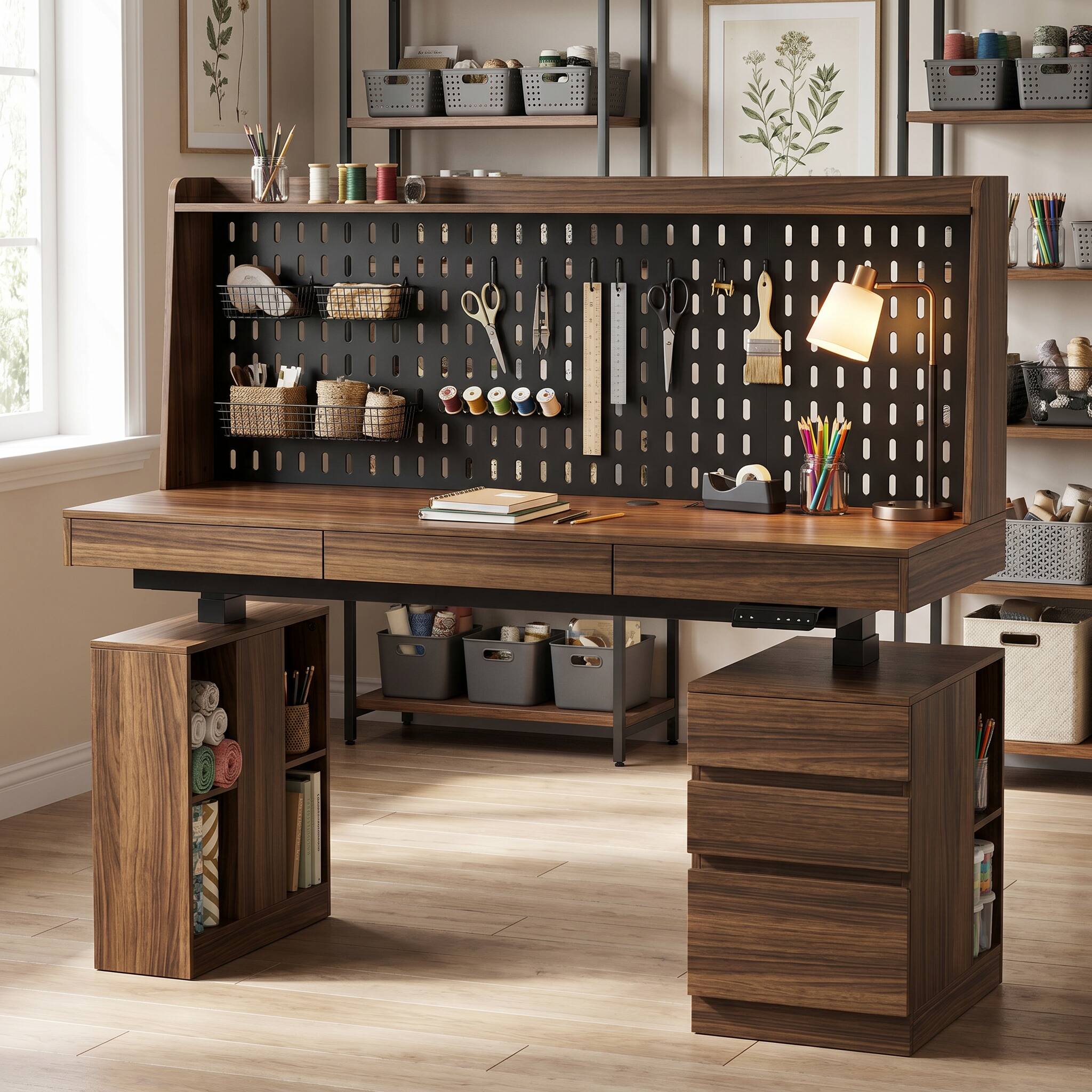 Alt View 1. Famapy - Electric Standing Desk with Pegboard, USB Outlets, Storage Drawers, 59" Walnut Workstation, 170 LBS - Walnut.