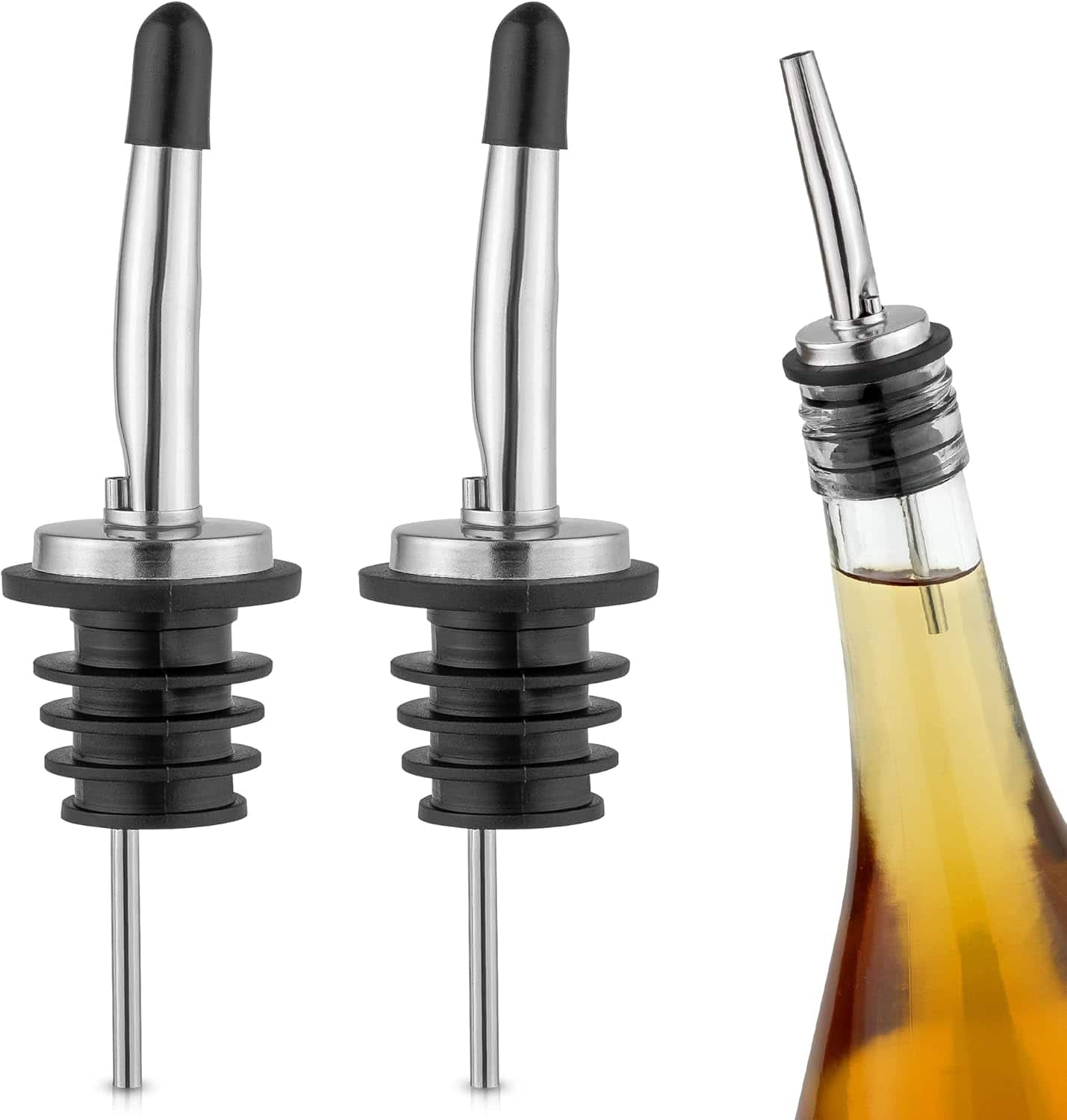 Zulay Kitchen - 2 Pack Stainless Steel Liquor Pourers with Rubber Dust Caps - Tapered Spout Liquor Bottle Pourers