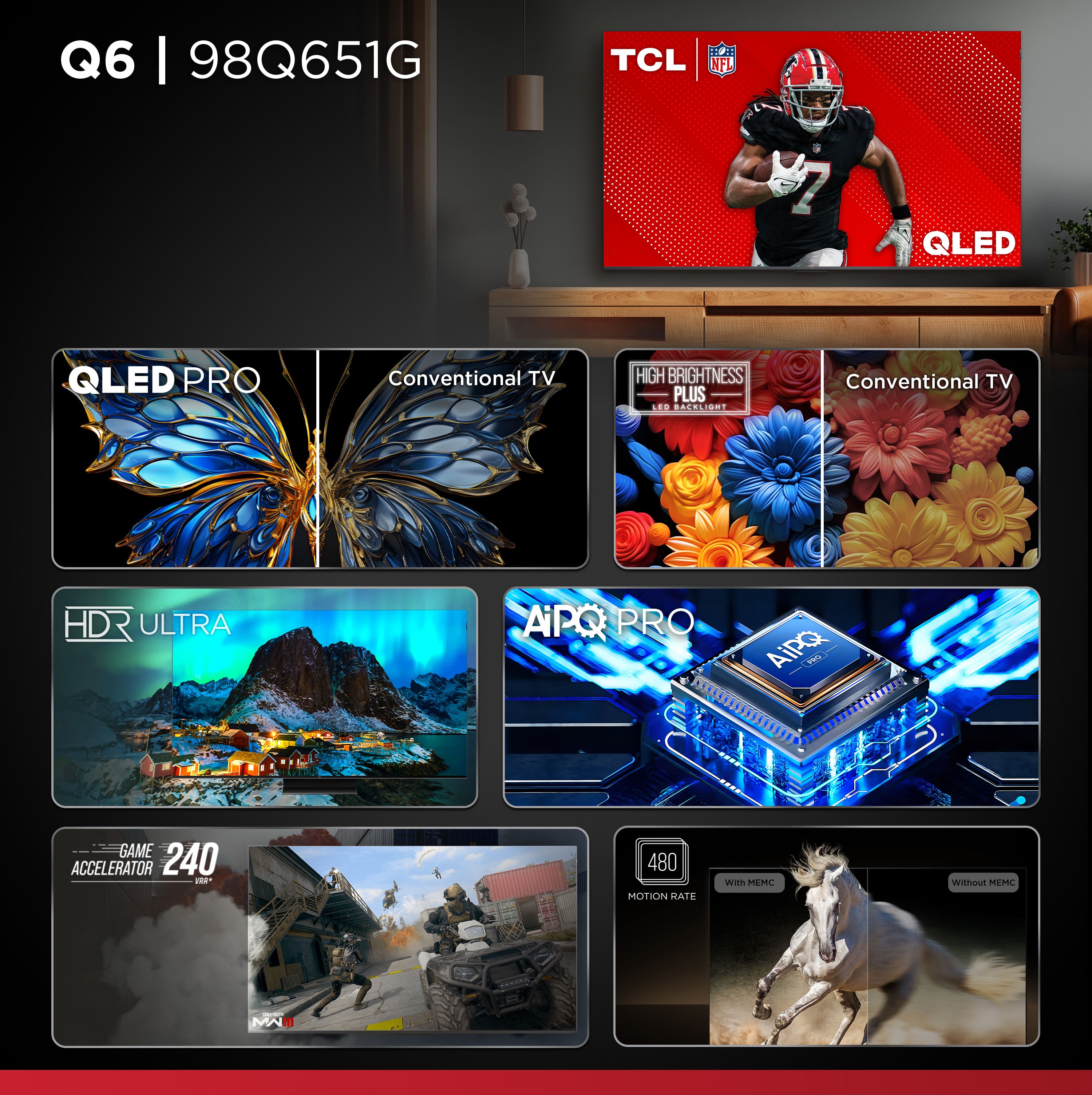 The text on the image can be grouped and corrected as follows:
1. Q6 I 98Q651G TCL NFL: This is a product name or model number for a television.
2. QLED PRO: This is a description of a feature or technology used in the television.
3. Conventional TV: This is a description of the type of television being displayed.
4. HIGH BRIGHTNESS PLUS: This is a description of a feature or technology used in the television.
5. BACMLIRT 1: This is a description of a feature or technology used in the television.
6. Conventional TV HDR ULTRA: This is a description of the type of television being displayed.
7. APQ PRO: This is a description of a feature or technology used in the television.
8. AiPQ 79% GAME ACCELERATOR: This is a description of a feature or technology used in the television.
9. 240 - 480 MOTION RATE - MLMC Wehaut MLHC MAI: This is a description of a feature or technology used in the television.