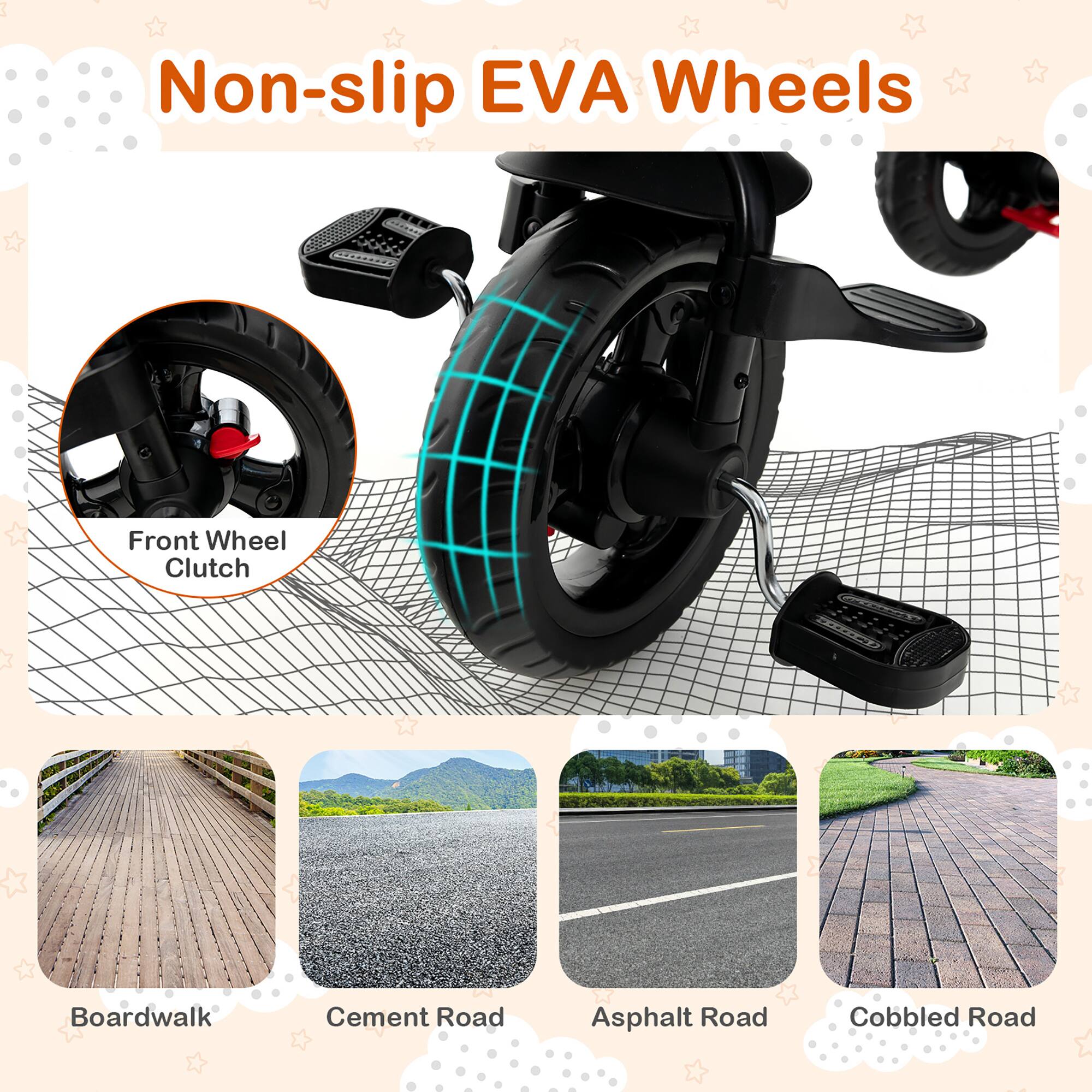 Non-slip EVA Wheels

Front Wheel Clutch

Boardwalk
Cement Road
Asphalt Road
Cobbled Road