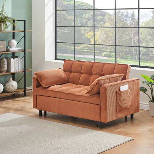 Front. GOODSILO - Elegant 55-Inch Velvet Sofa Bed with Storage Pockets - Three-in-One Convertible Design - Orange.