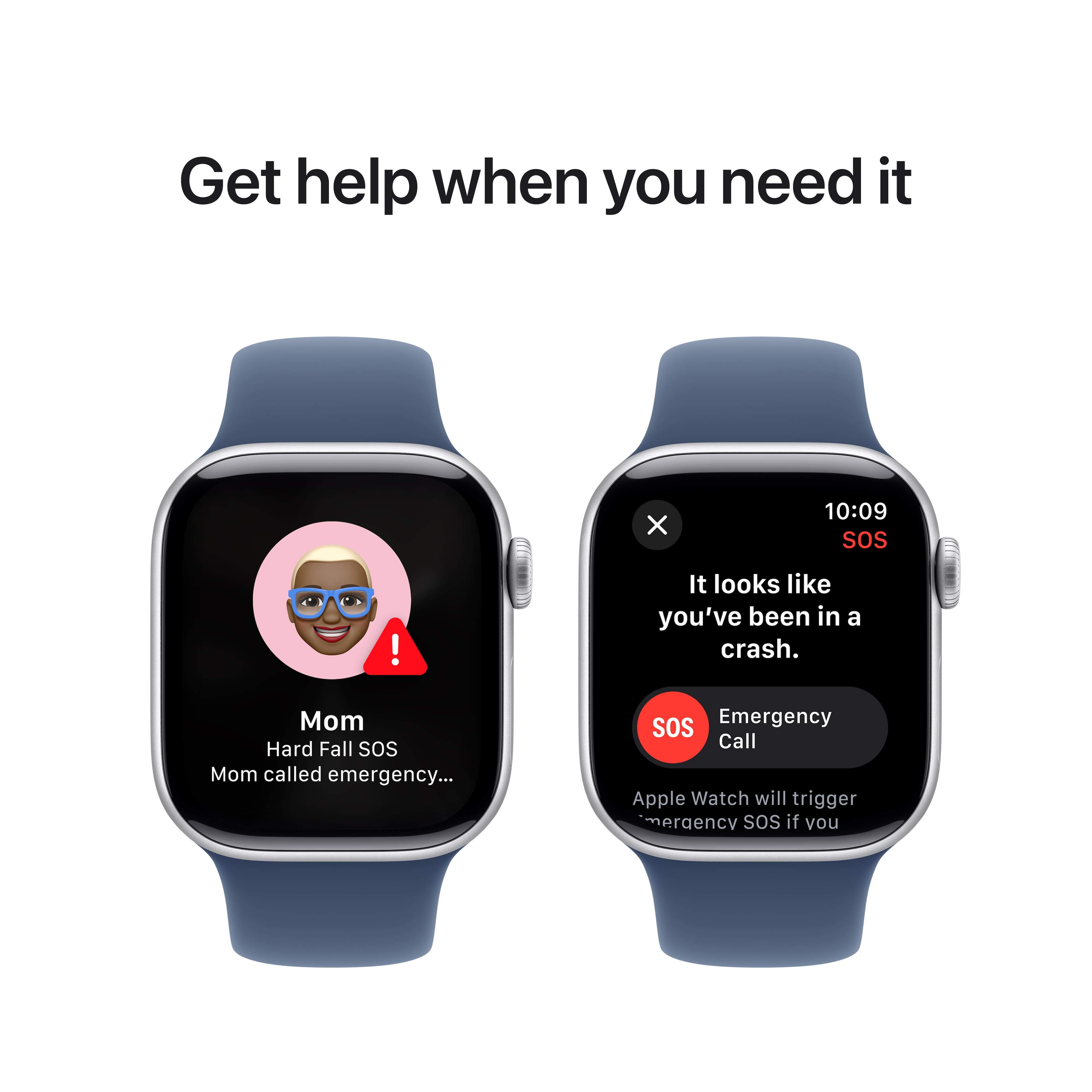 Get help when you need it. It looks like you've been in a crash. Mom called emergency... Sos Emergency Call. Apple Watch will trigger emergency sos if you need it.