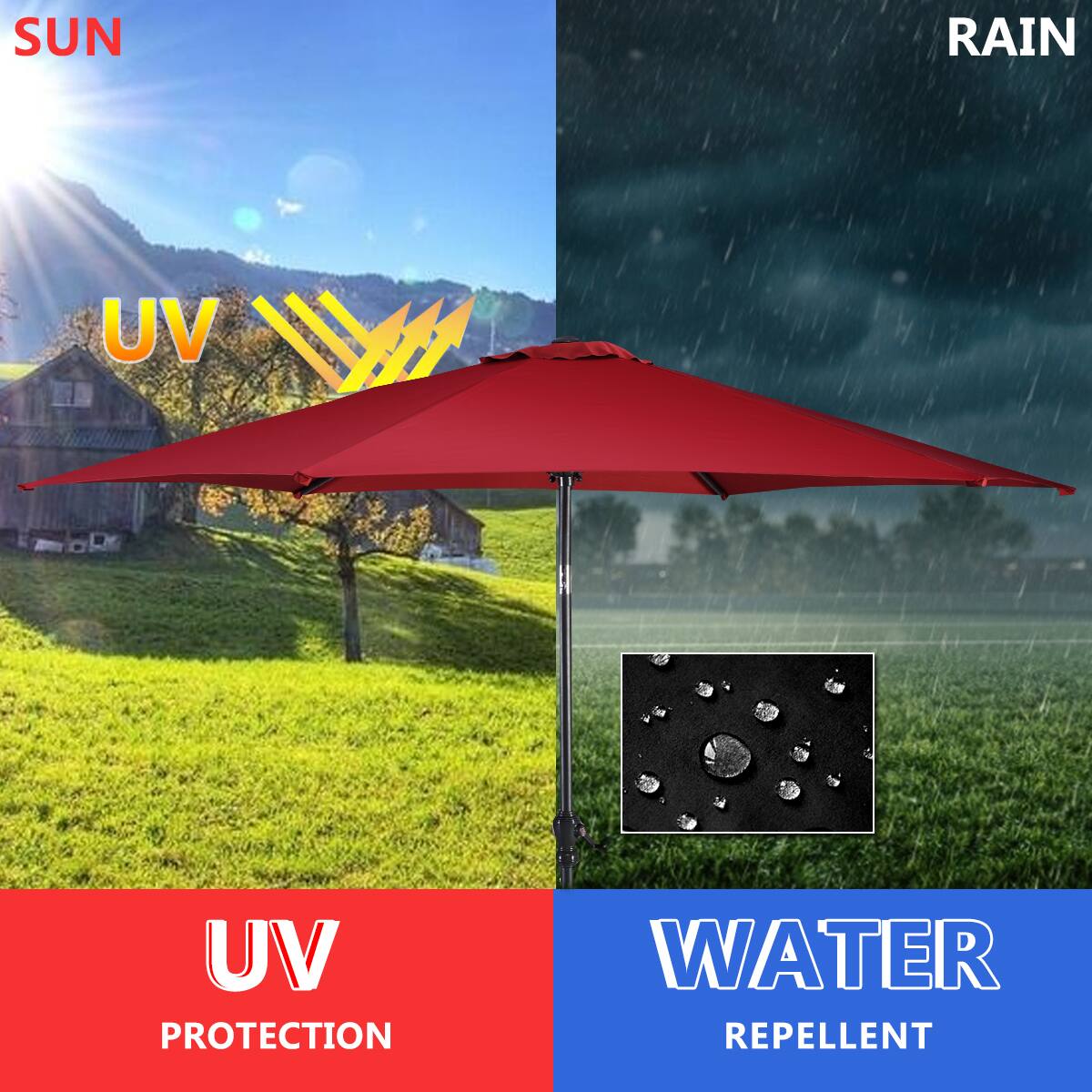 SUN: UV PROTECTION
RAIN: WATER REPELLENT