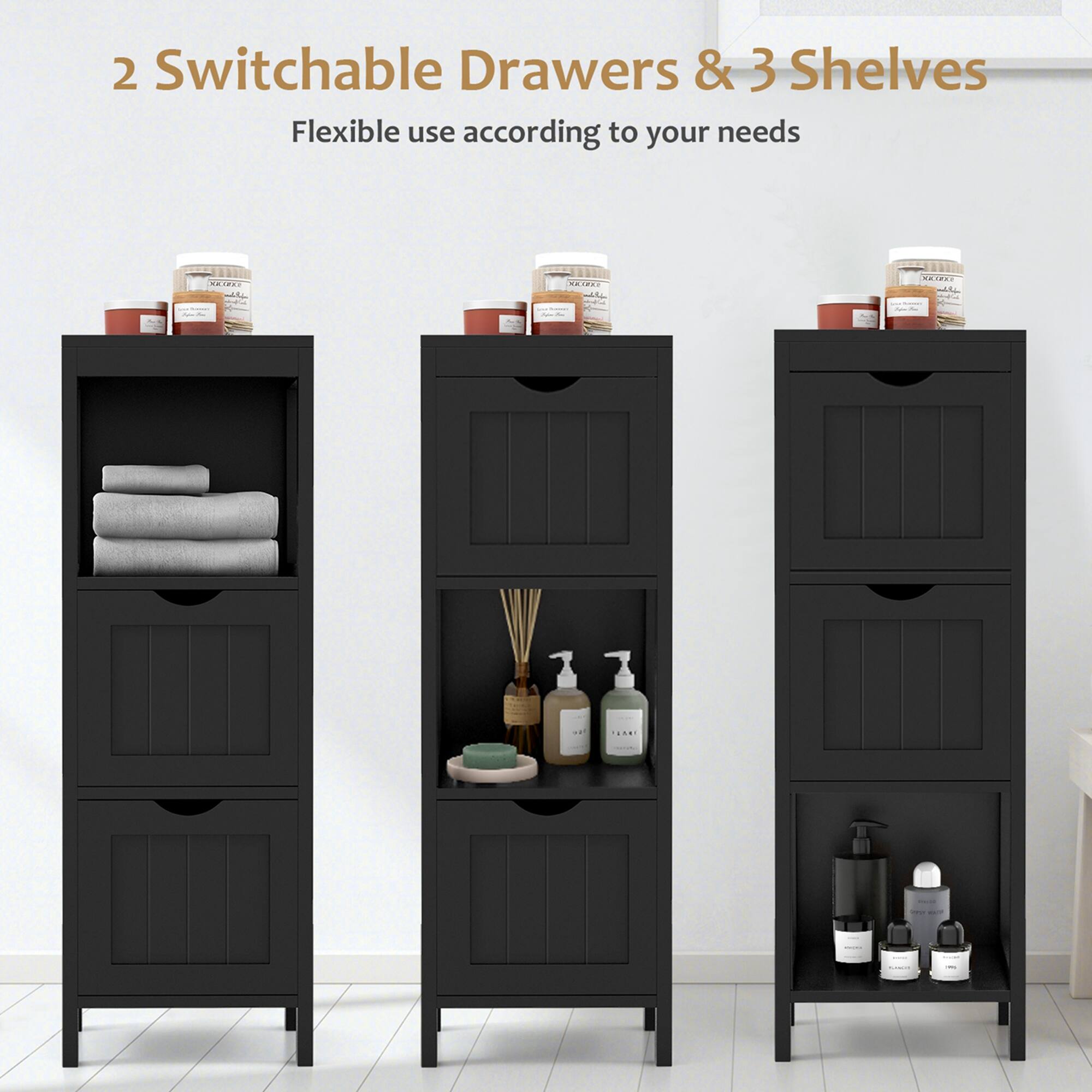 2 Switchable Drawers & 3 Shelves  
Flexible use according to your needs