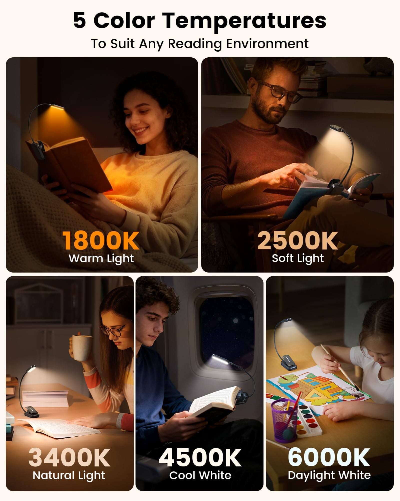 5 Color Temperatures  
To Suit Any Reading Environment  

1800K Warm Light  
2500K Soft Light  
3400K Natural Light  
4500K Cool White  
6000K Daylight White