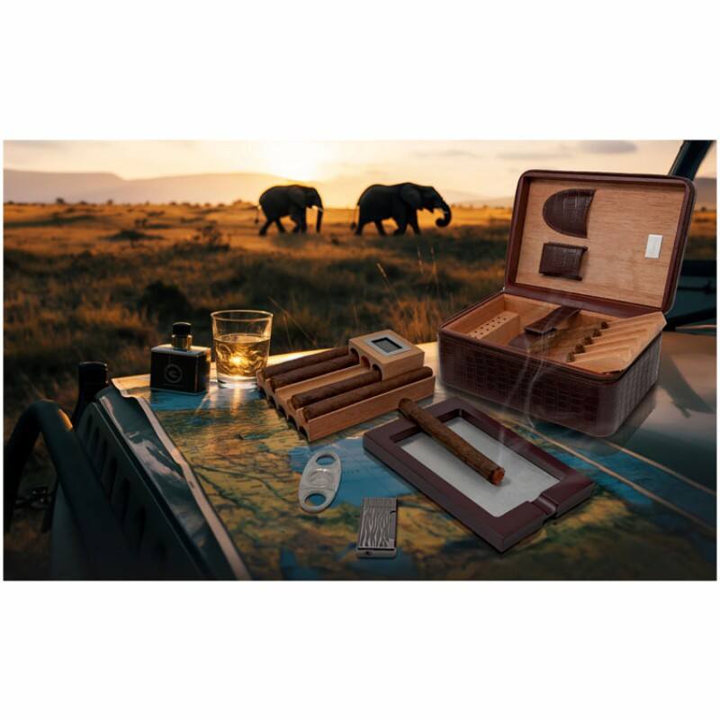 Alt View 6. Prestige - Manhattan XL Travel Humidor (Brown) - Brown Crocodile Pattern Leather.