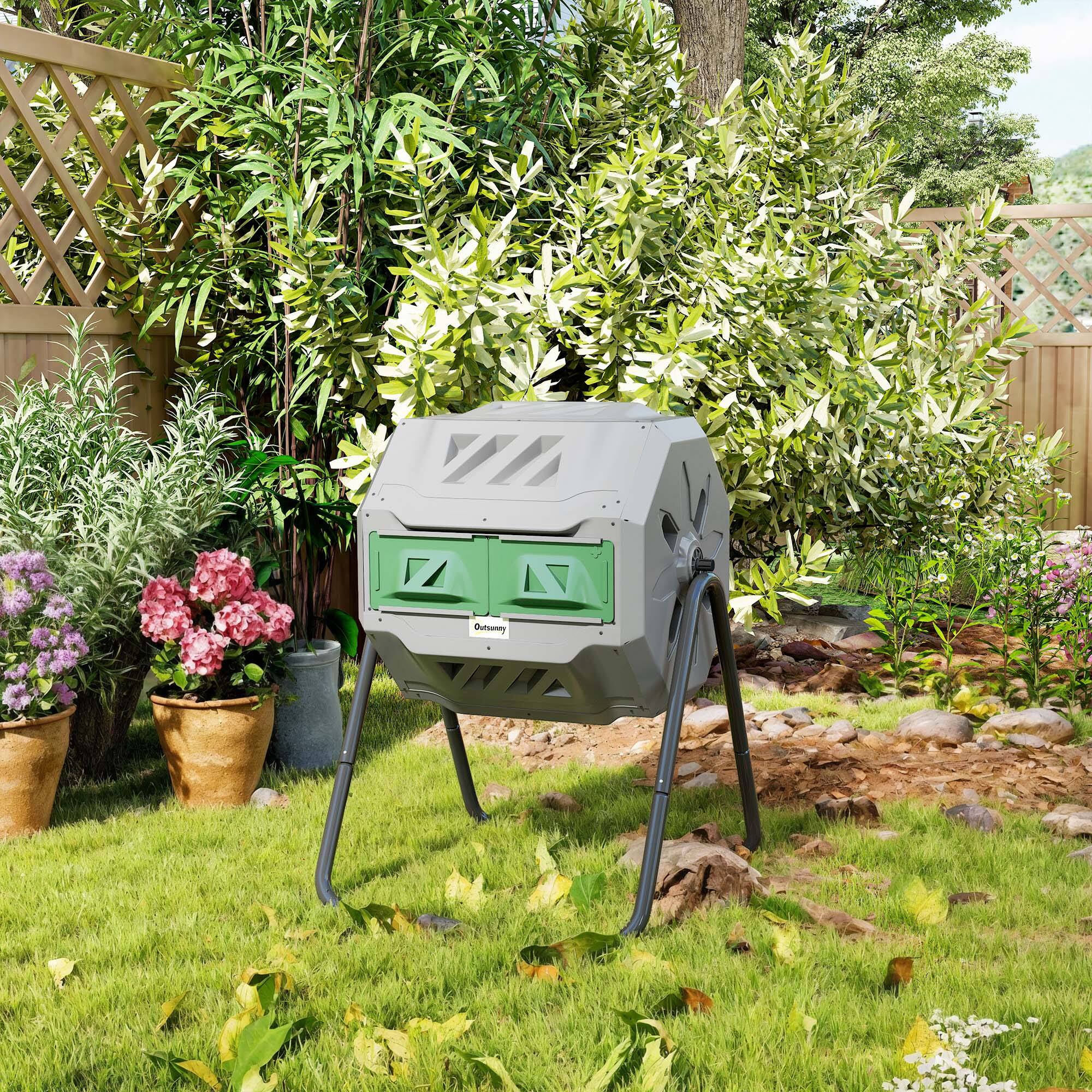 Alt View 7. Outsunny - Tumbling Compost Bin Outdoor 360° Dual Chamber Rotating Composter 43 Gallon - Light Gray.