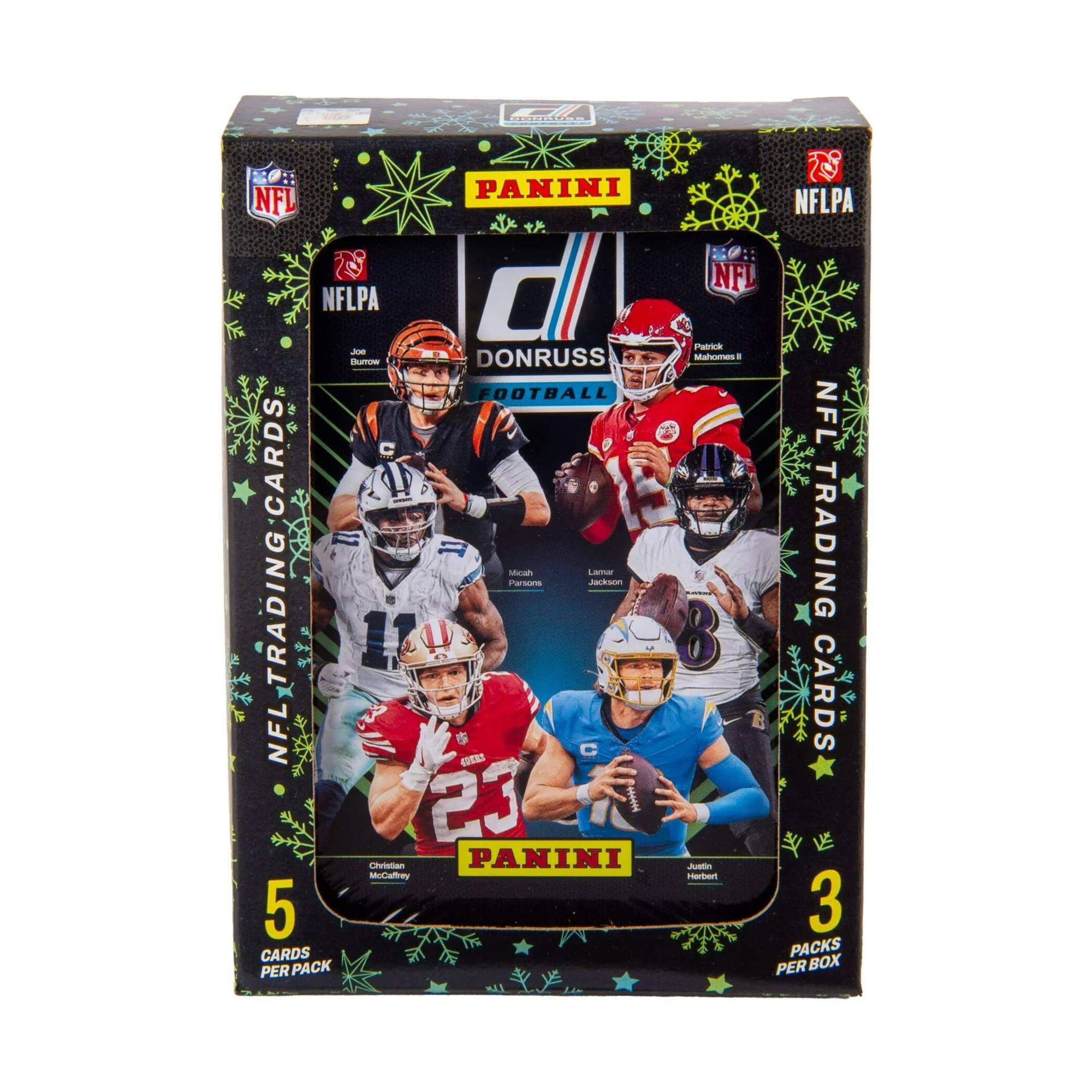 PANINI NFL NFLPA  
DONRUSS FOOTBALL  
NFL TRADING CARDS  
5 CARDS PER PACK  
3 PACKS PER BOX  

Joe Burrow  
Patrick Mahomes II  
Lamar Jackson  
Christian McCaffrey  
Justin Herbert  
Michael Parsons  
Patrick Mahomes II  
Lamar Jackson  
Justin Herbert  
Christian McCaffrey  
Joe Burrow  
Michael Parsons