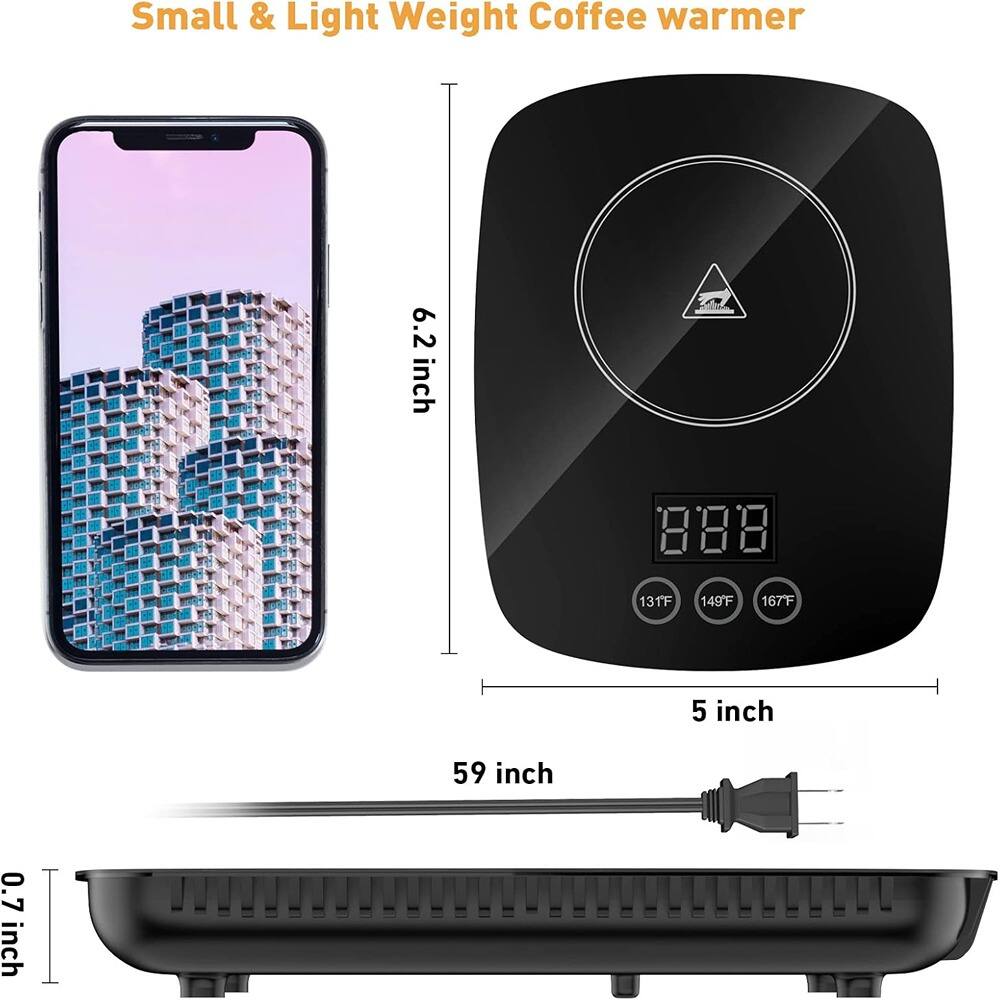 Small & Light Weight Coffee warmer

- 6.2 inch
- 5 inch
- 59 inch
- 0.7 inch

Temperature settings:
- 131F
- 149F
- 167F