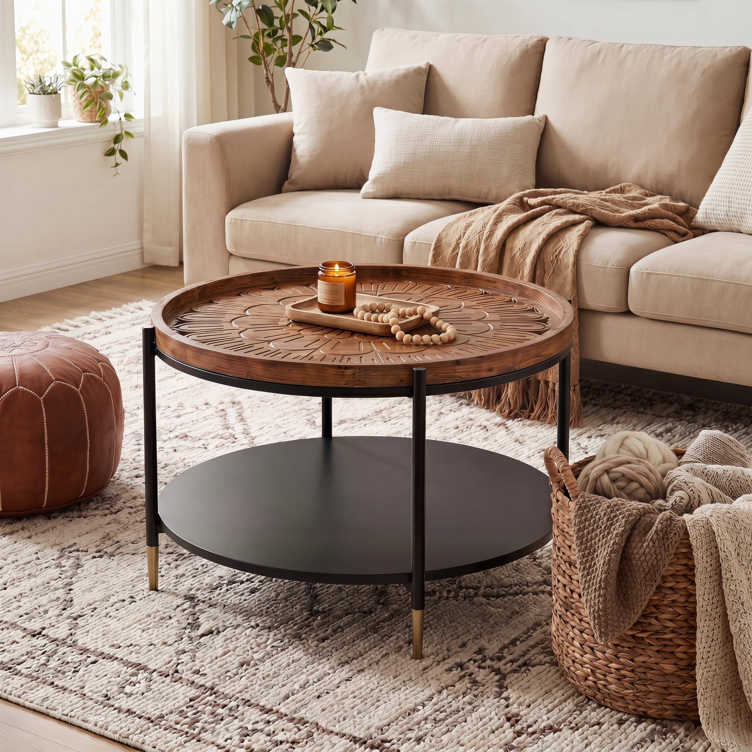Alt View 3. Tribesigns - 31.5" Solid Wood Round Coffee Table, Boho Circle Coffee Table with Floral Carved Tabletop & Metal Shelf, Living Room Tab - Rustic Brown.