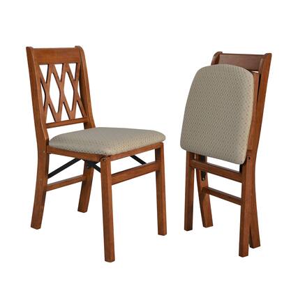 Front. Stakmore - Stakmore Classic Lattice Back Folding Chair, Cherry Frame with Blush Fabric (Set of 2) - Cherry Finish.