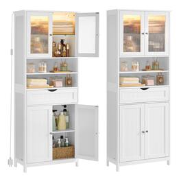 Songmics Home - Storage Cabinet with LED Lights, Freestanding Storage Unit with Adjustable Shelves, Drawer, Open Compartments - Cloud White