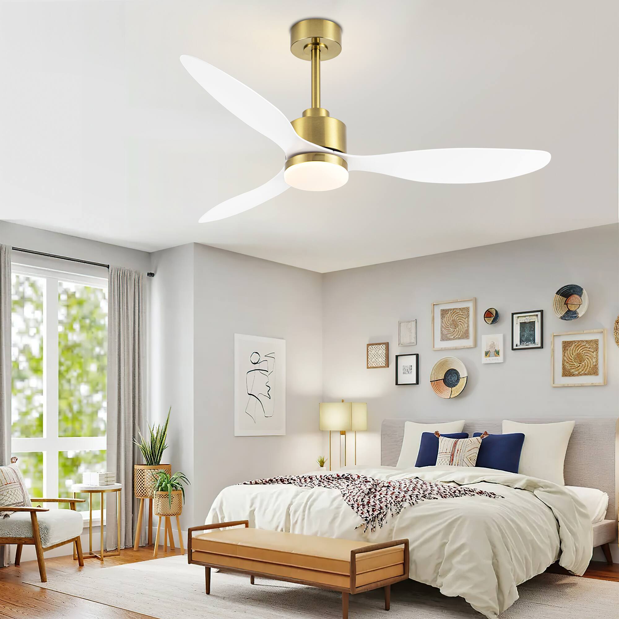 Alt View 1. Breezary - 52" Indoor Ceiling Fan, 3 ABS Blades, 6-Speed DC Motor, Remote Control, Memory/Timer, 3-Color LED Light, 5"/10" Downrods - Gold and White.