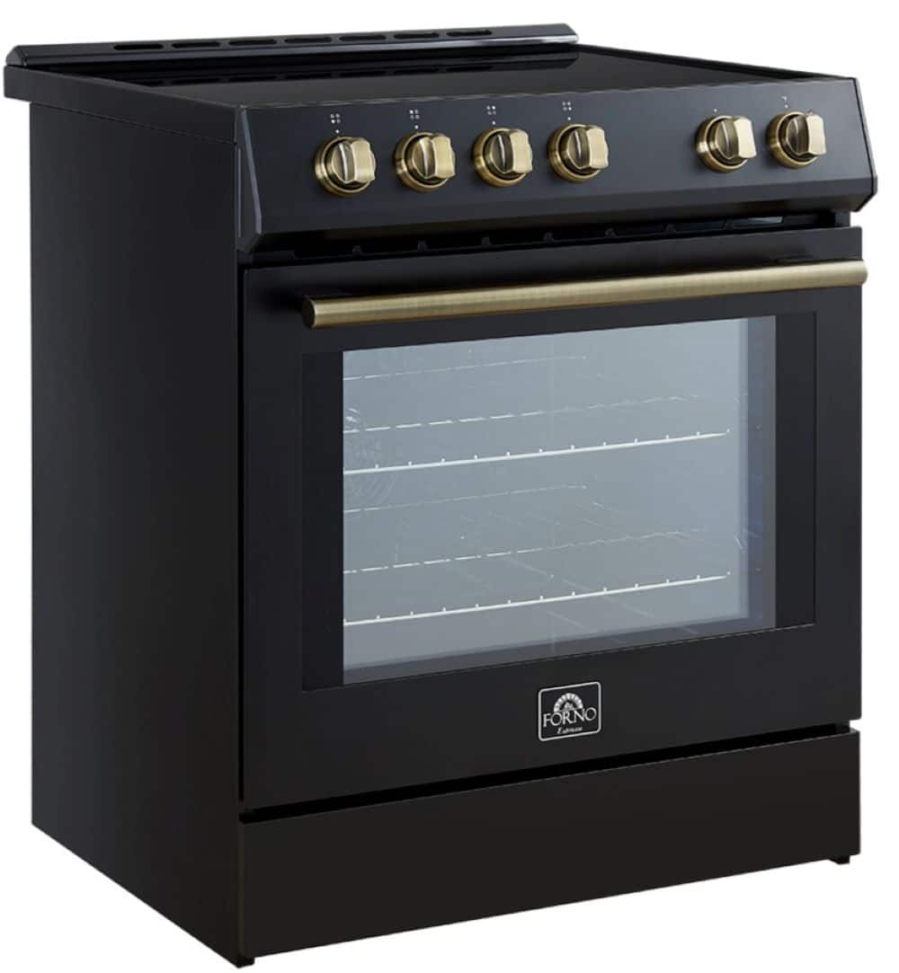 Left. Forno Appliances - Leonardo Espresso 5 cu. ft. Slide-In Electric Induction Convection Range with Customizable Hardware - Black.