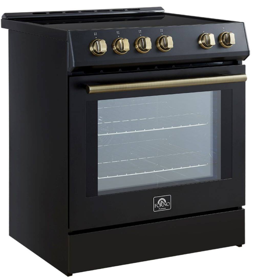 Left. Forno Appliances - Leonardo Espresso 5 cu. ft. Slide-In Electric Induction Convection Range with Customizable Hardware - Black.