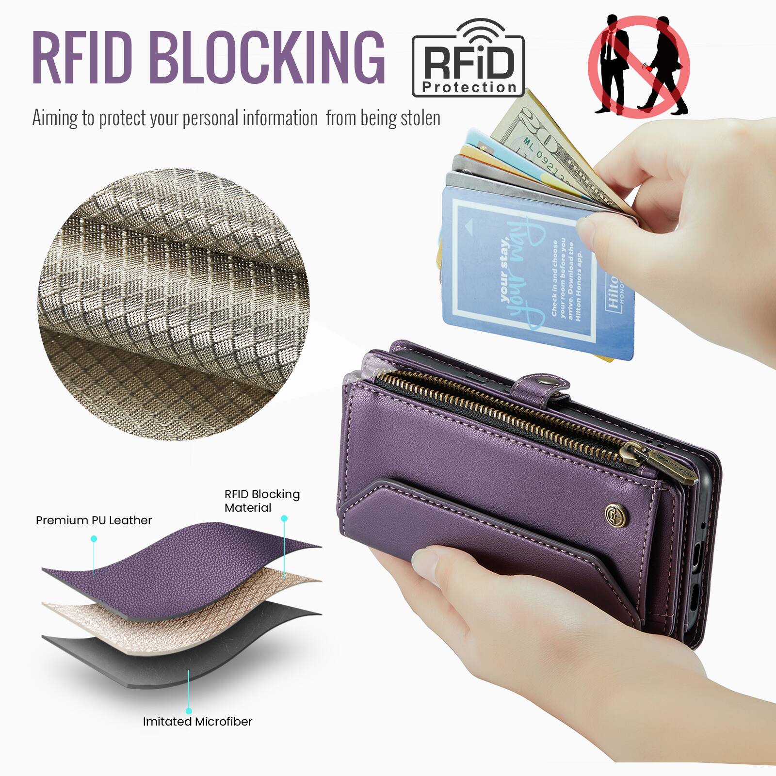 RFID BLOCKING  
Aiming to protect your personal information from being stolen  

RFiD Protection  

Premium PU Leather  
RFID Blocking Material  
Imitated Microfiber