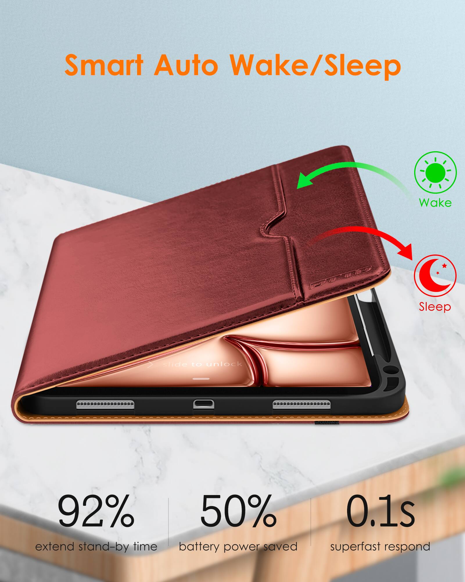 Smart Auto Wake/Sleep

Wake to unlock

92% extend stand-by time

50% battery power saved

0.1s superfast respond