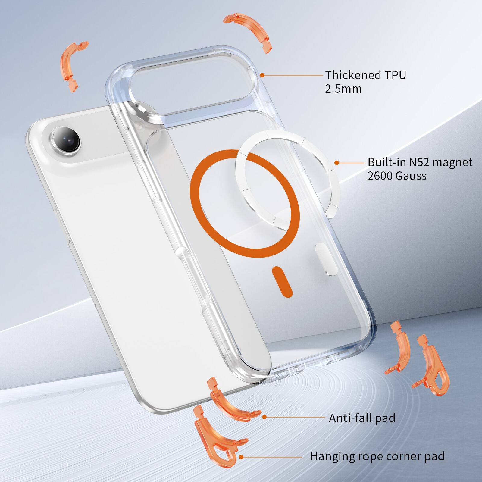 Thickened TPU 2.5mm  
Built-in N52 magnet 2600 Gauss  
Anti-fall pad  
Hanging rope corner pad