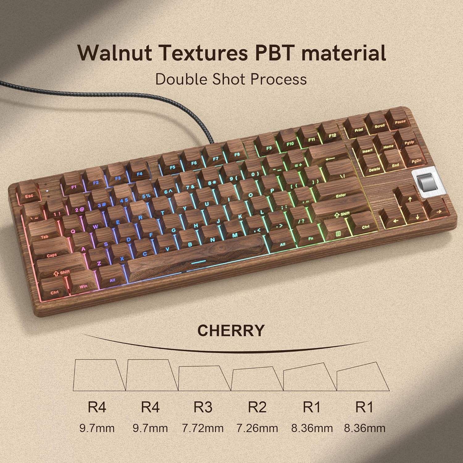 Walnut Textures PBT material Double Shot Process

ESC F1 F2 F3 F4 F5 F6 F7 F8 F9 F10 F11 F12

Q W E R T Y U I O P

A S D F G H J K L

Z X C V B N M

Tab Caps BAH Win Clr

Shift Shift

Ctrl Win Alt

CHERRY

R4 9.7mm
R4 9.7mm
R3 7.72mm
R2 7.26mm
R1 8.36mm
R1 8.36mm