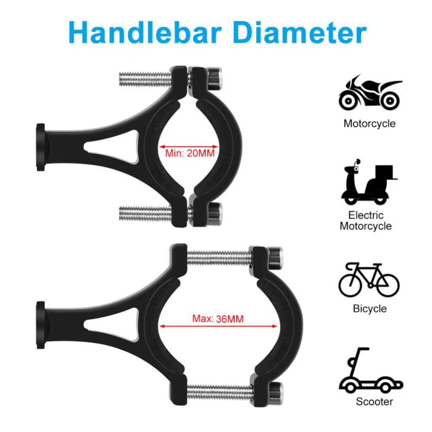 Handlebar Diameter  
Motorcycle Min: 20MM  
Electric Motorcycle Max: 36MM  
Bicycle Scooter