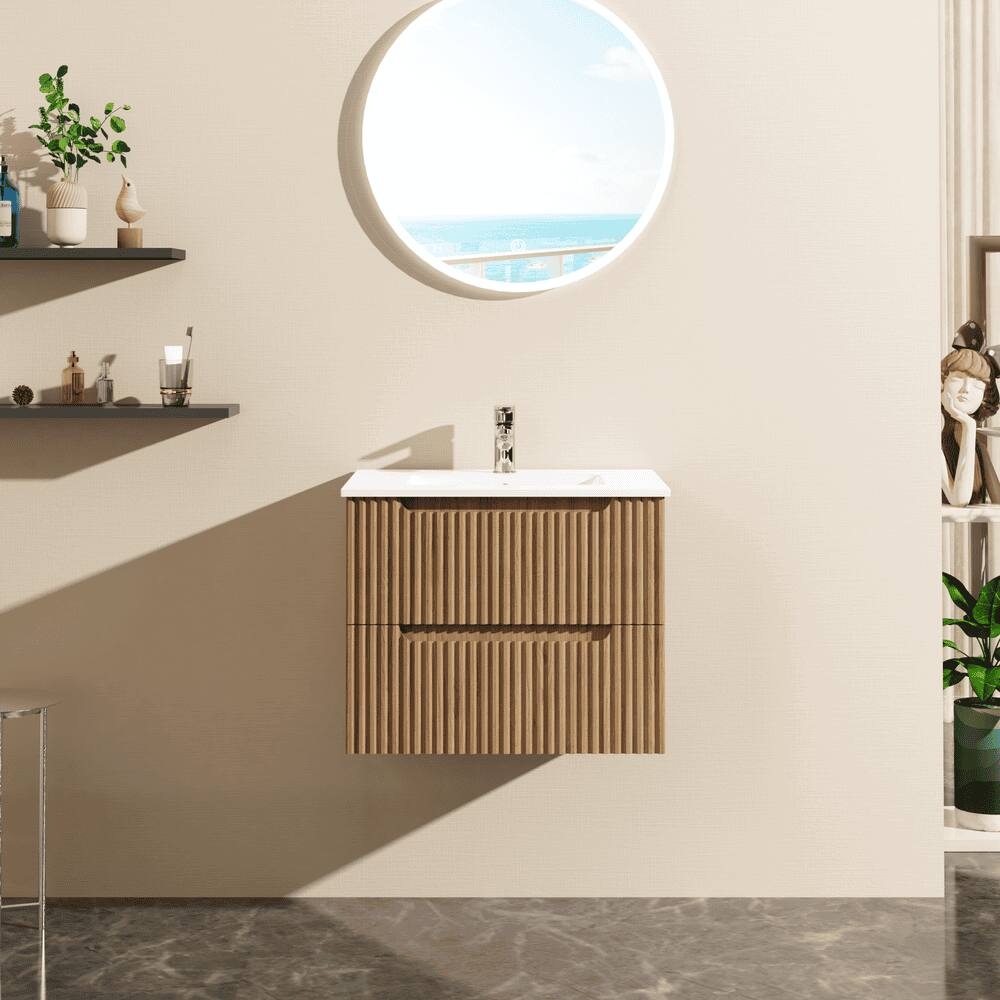 Angle. Kadyn - 24" Wall-Mount Floating Bathroom Vanity Cabinet (Cabinet Only), Walnut - Brown.