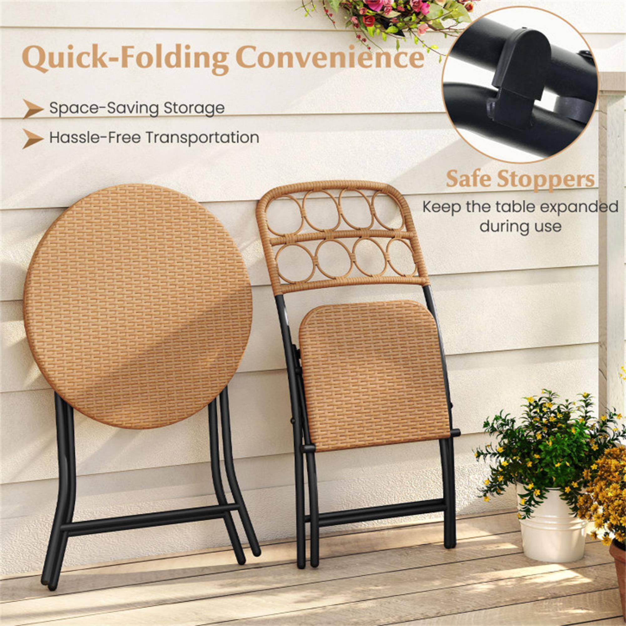 Quick-Folding Convenience  
Space-Saving Storage  
Hassle-Free Transportation  
Safe Stoppers  
Keep the table expanded during use
