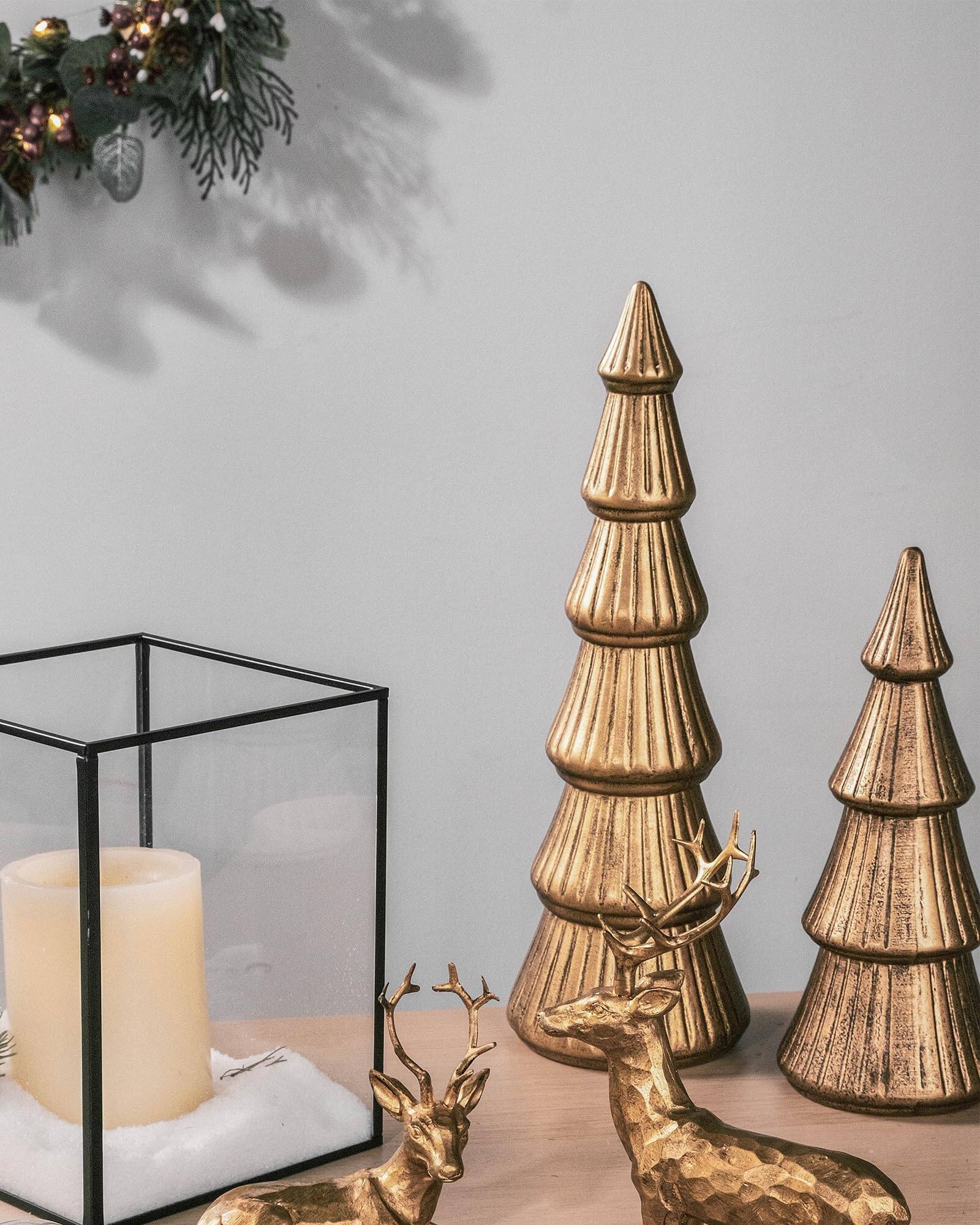 Alt View 2. Refined Abode Design - Christmas Tree Figurine Wooden Figurines Decorative Tabletop Small Glittered Golden Xmas Trees Mantle Indoor - Gold.