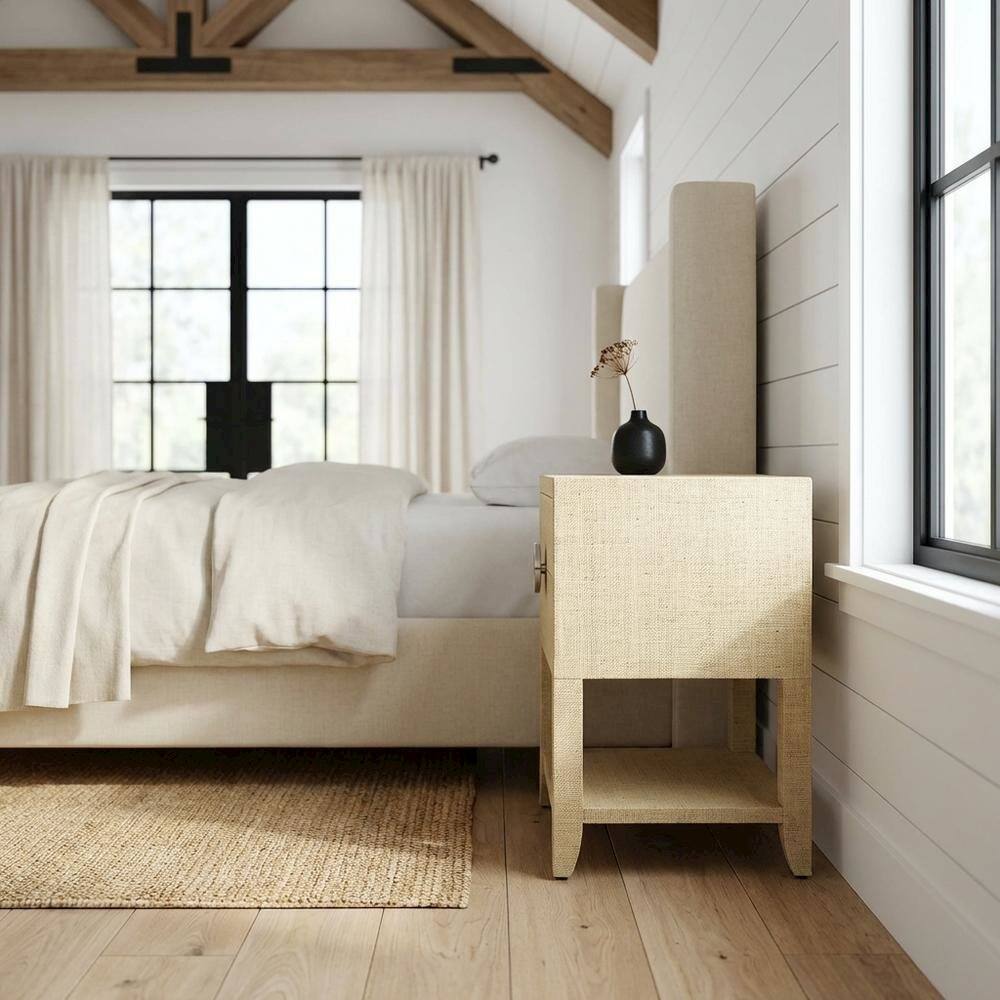 Alt View 5. Starlight Canyon Home - Raffia Nightstand with 2 Drawers, Coastal Bedside End Table for Bedroom - Cream,Yellow.