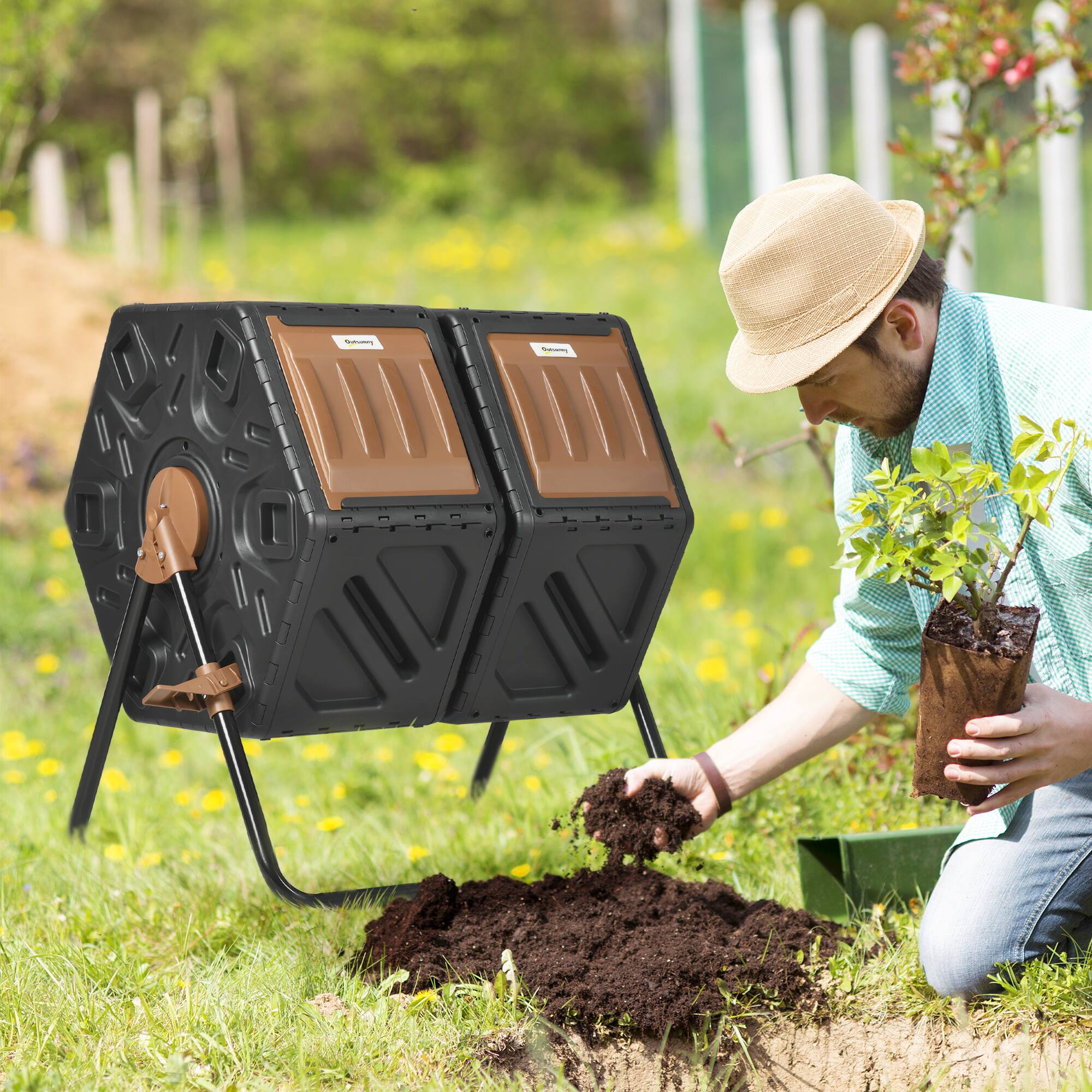 Alt View 1. Outsunny - Dual Chamber Compost Tumbler Bin, Outdoor Tumbling Composter with 24 Ventilation Openings and Steel Legs - Brown and Black.