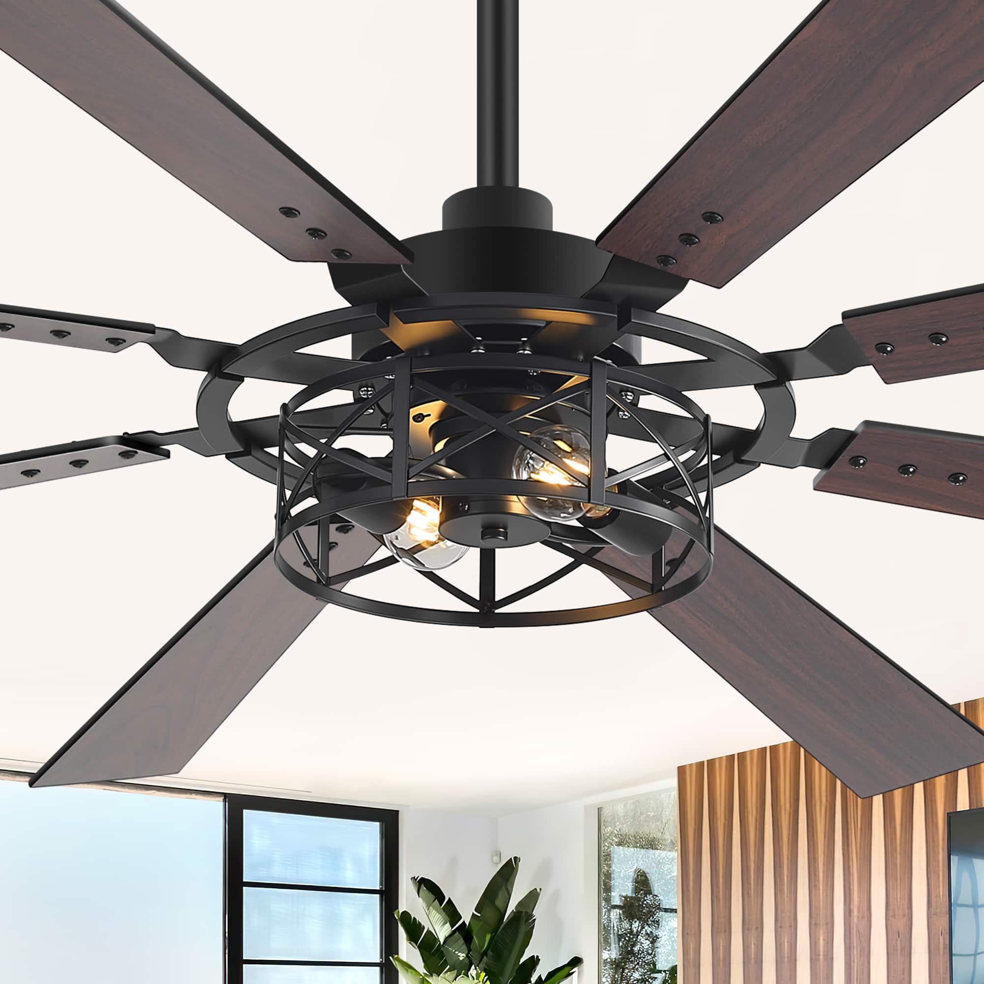 Breezary - 65-Inch Traditional Ceiling Fan with Dual Bulb Light Kit, 8 Reversible Blades, DC Motor, 6 Speeds, Remote & Timer - Black and Walnut
