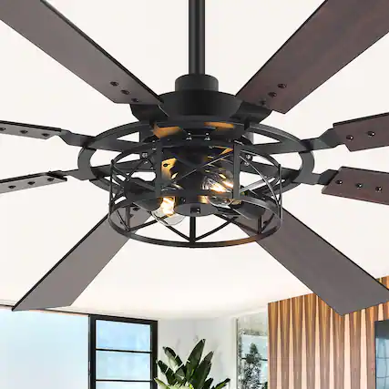 Front. Breezary - 65-Inch Traditional Ceiling Fan with Dual Bulb Light Kit, 8 Reversible Blades, DC Motor, 6 Speeds, Remote & Timer - Black and Walnut.