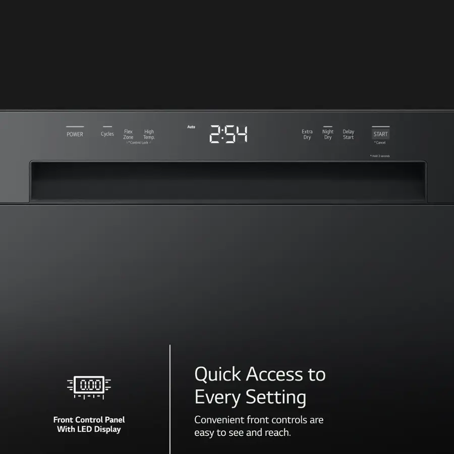 The image features a black appliance with a digital display on the front panel. The display shows the time, which is currently 2:54. The appliance is equipped with various settings, including power cycles, flex high zone temp control, and extra dry night dry delay start. The front control panel also has LED display and quick access to every setting, making it easy to use and navigate.