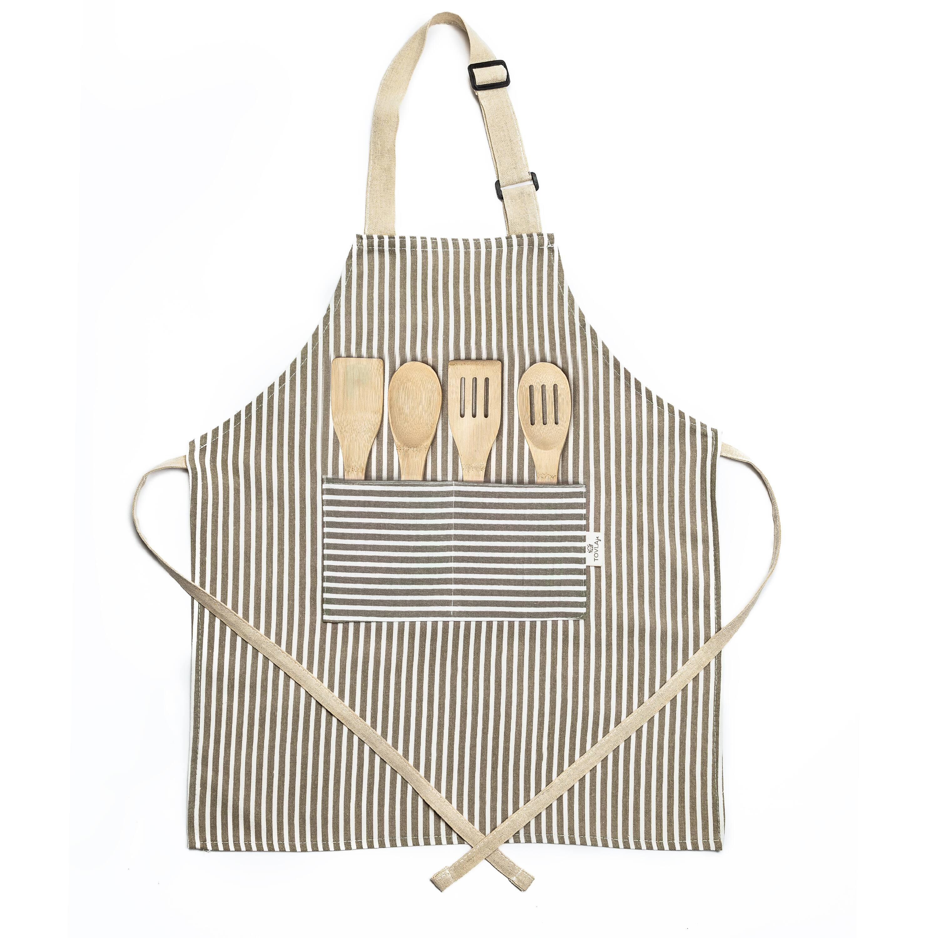 Alt View 7. Tovla Jr - Apron Gift Set for Kids - Baking and cooking with Pocket for Boys and Girls - Striped Print - Striped.