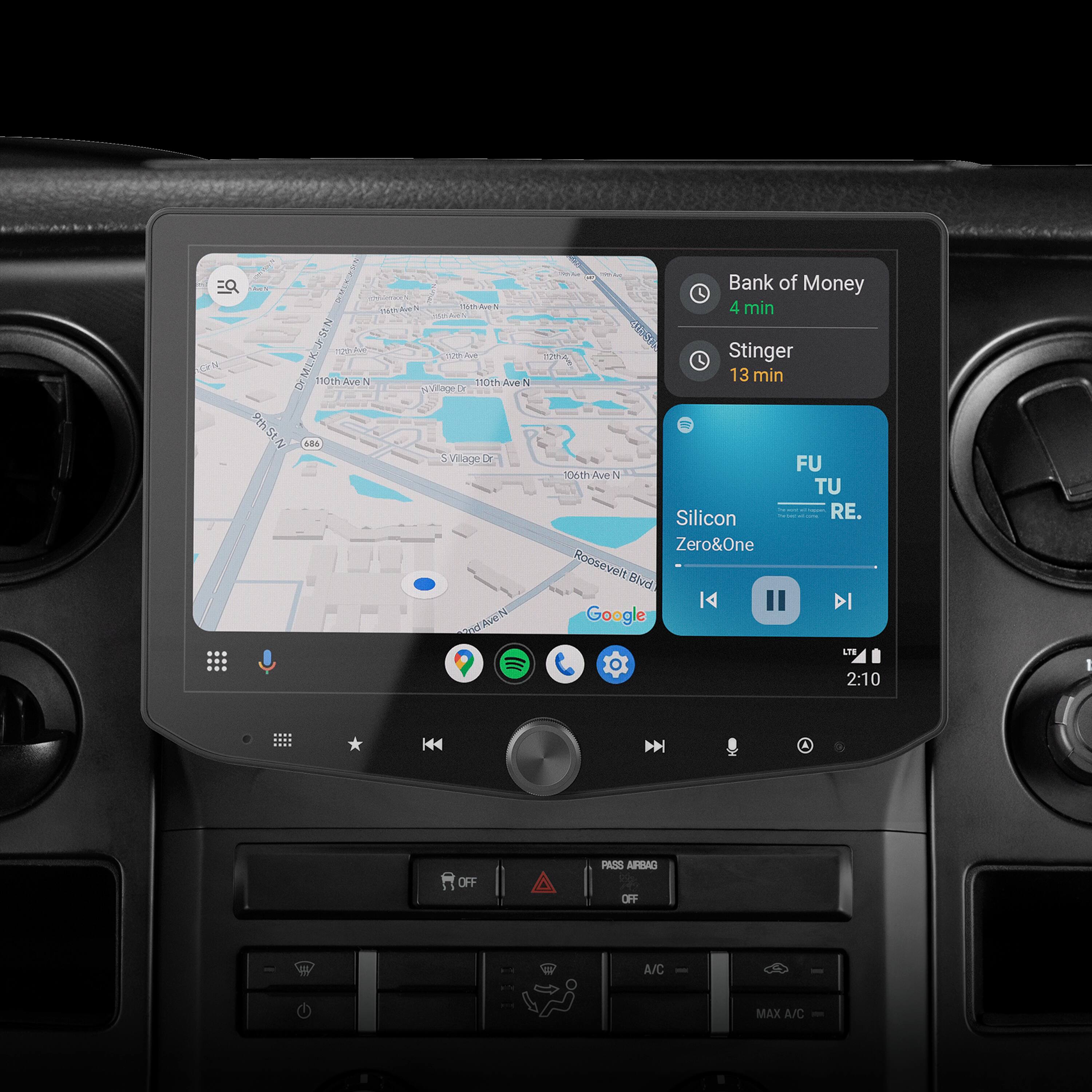 The text on the image is grouped and corrected as follows:

"110th Ave N 10h 4 min PC 4 Stinger 13 min FU 106th Ave N TU Silicon RE. Zero&One Roosevelt Blvd 14 DI Google LTS 2:10 I K44 D A OFF PASS A/C - MAX A/C"
