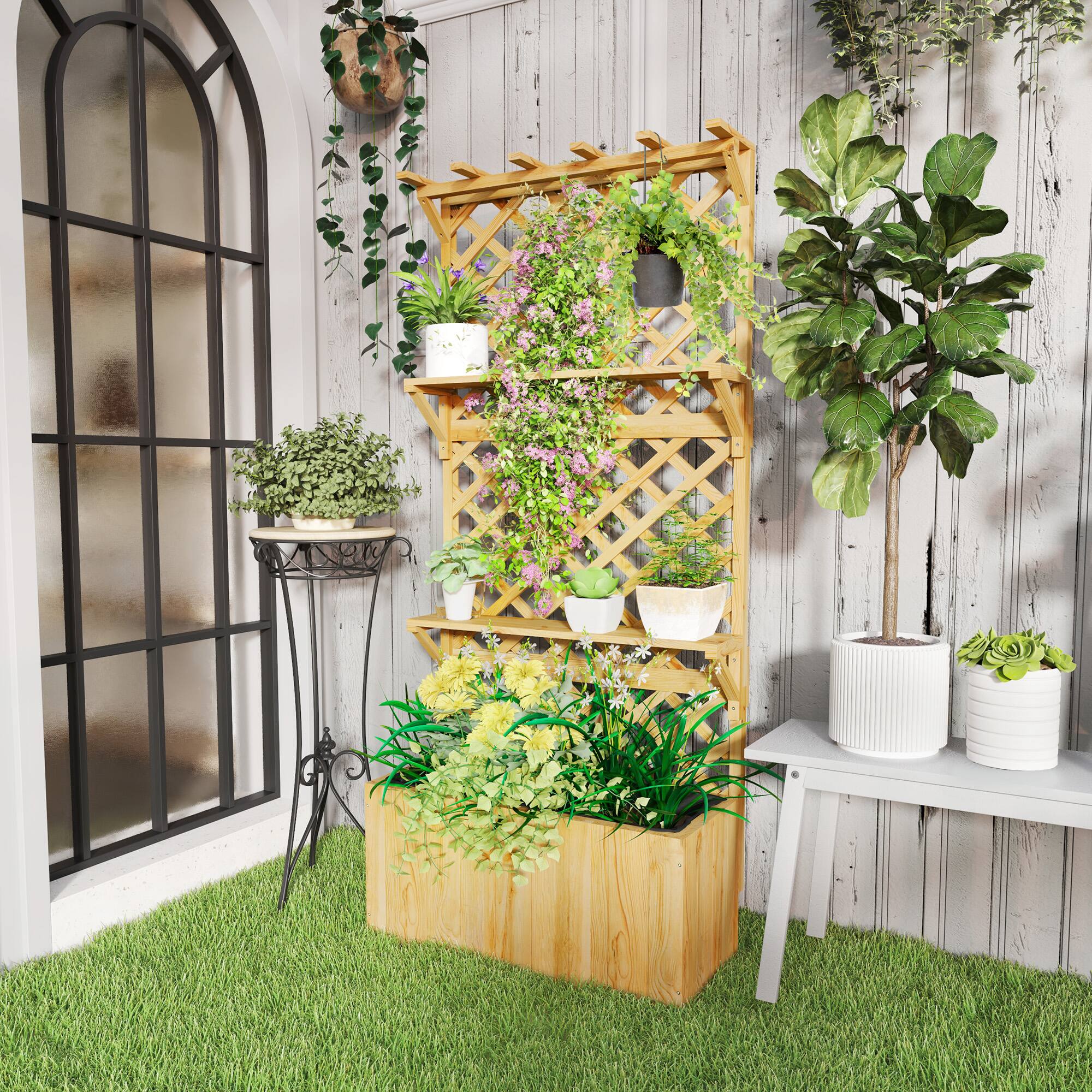 Alt View 1. Outsunny - Wooden Planter with Trellis, Raised Garden Bed with Hanging Roof, Plant Shelf, 30" x 13" x 70" - Natural Wood.