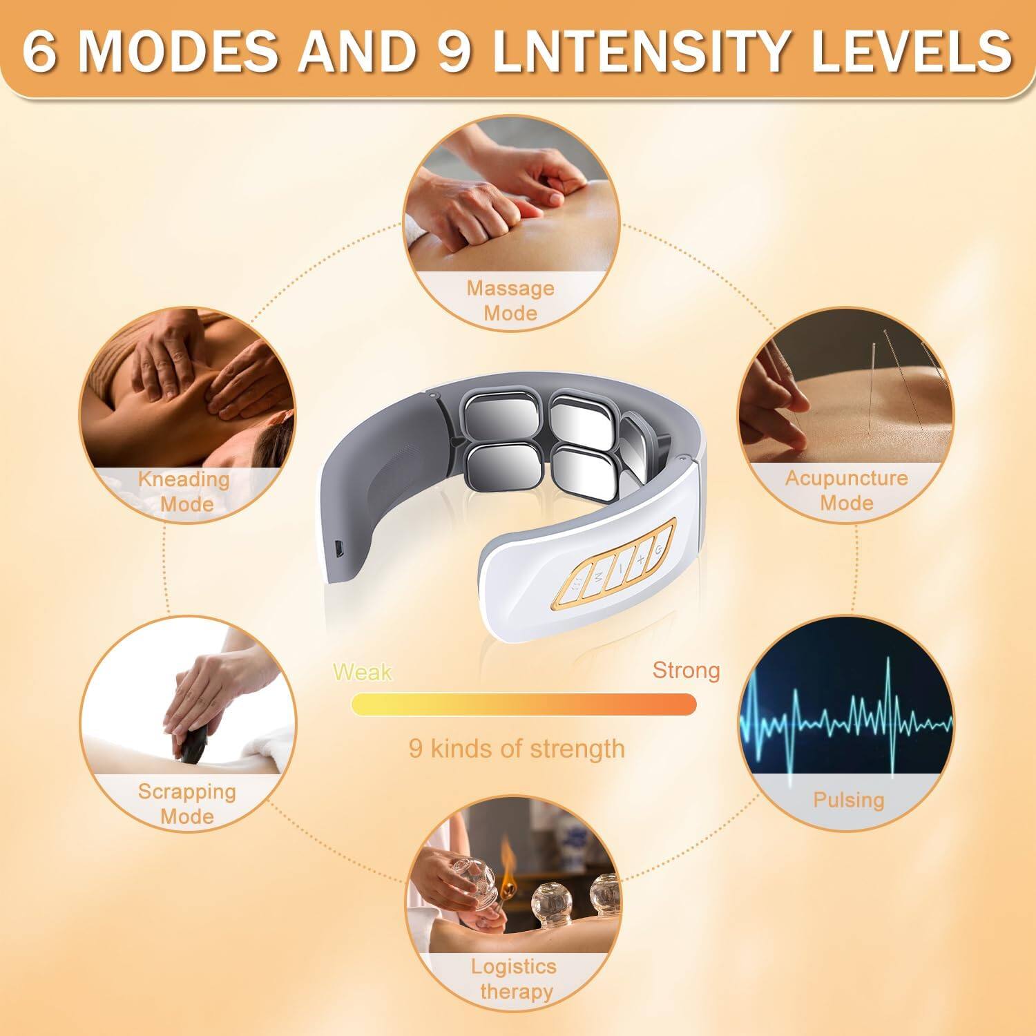 6 MODES AND 9 INTENSITY LEVELS

Massage Mode  
Kneading Mode  
Acupuncture Mode  
Scraping Mode  
Pulsing  
Logistics therapy  

Weak  
Strong  

9 kinds of strength