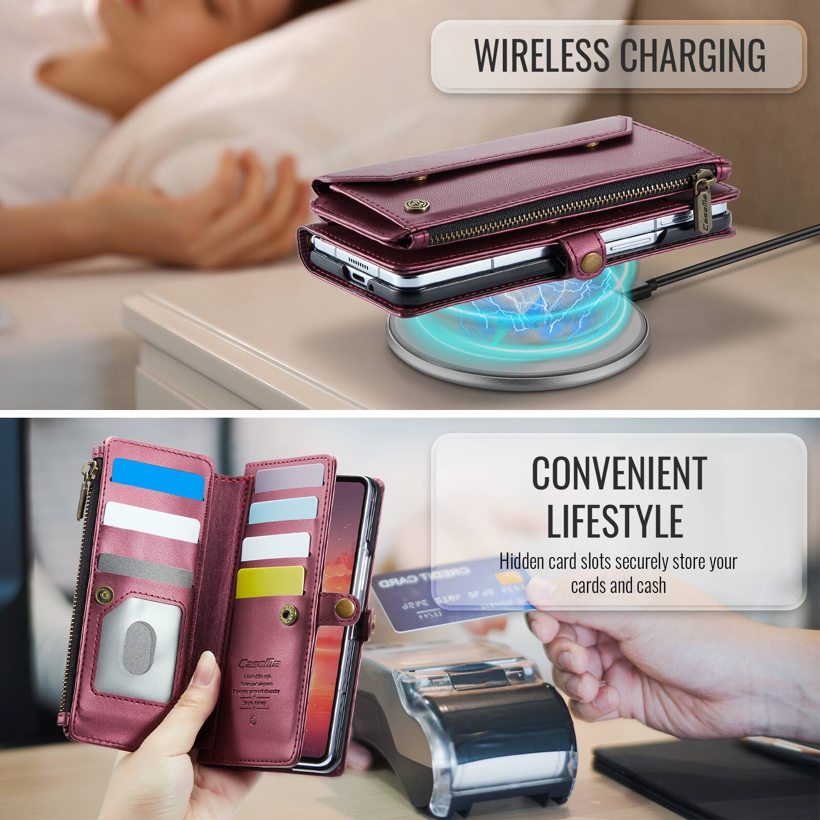 WIRELESS CHARGING

Casema

CONVENIENT LIFESTYLE
Hidden card slots securely store your CARD CREDIT cards and cash

Caseme Vitamin