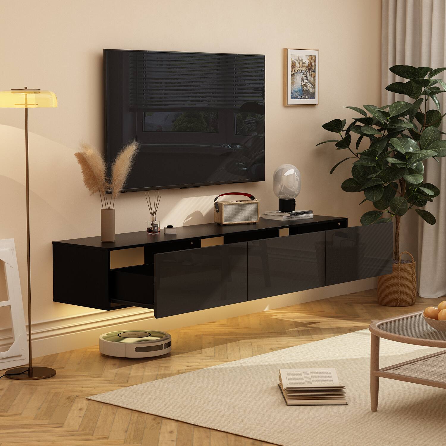 Angle. Famapy - Famapy Wall - Mounted TV Stand with Hidden Drawers High Gloss Finish TV Console - Black.