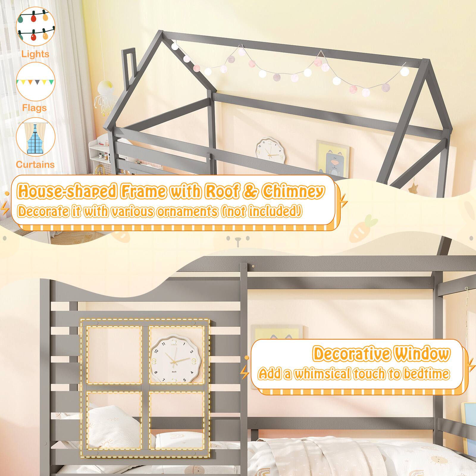 Lights, Flags, Curtains, House shaped Frame with Roof & Chimney, Decorative Window