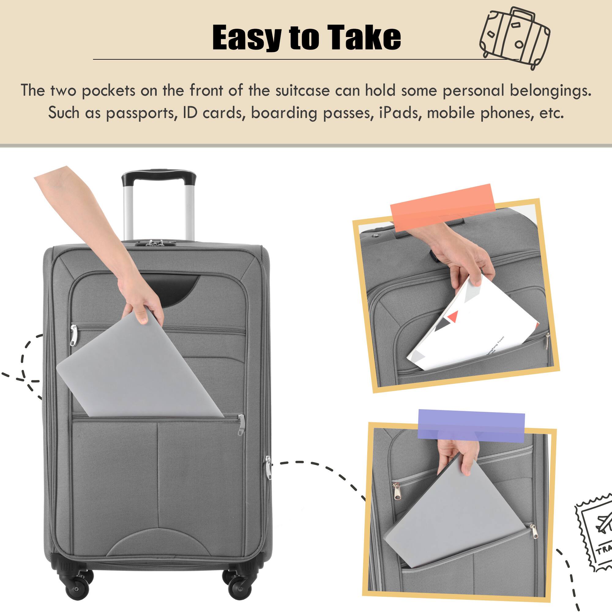 Easy to Take

The two pockets on the front of the suitcase can hold some personal belongings. Such as passports, ID cards, boarding passes, iPads, mobile phones, etc.