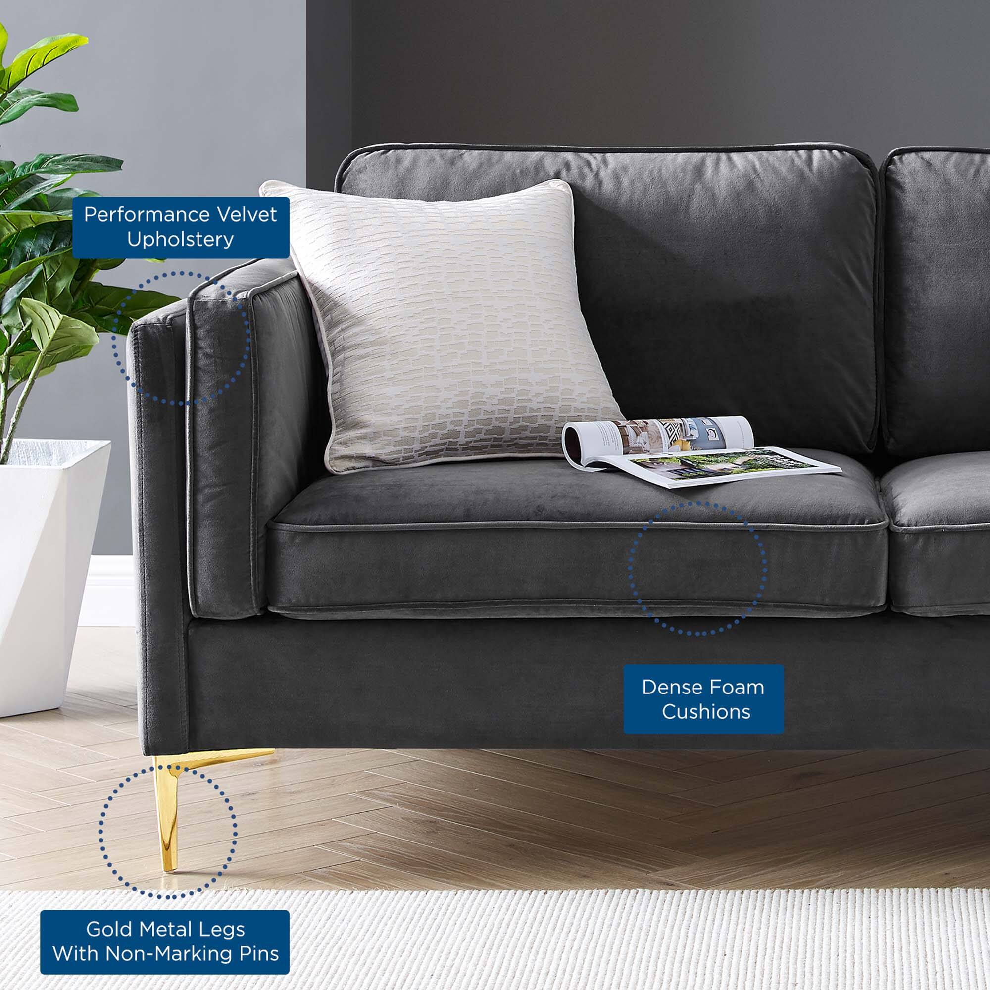 Performance Velvet Upholstery  
Dense Foam Cushions  
Gold Metal Legs With Non-Marking Pins
