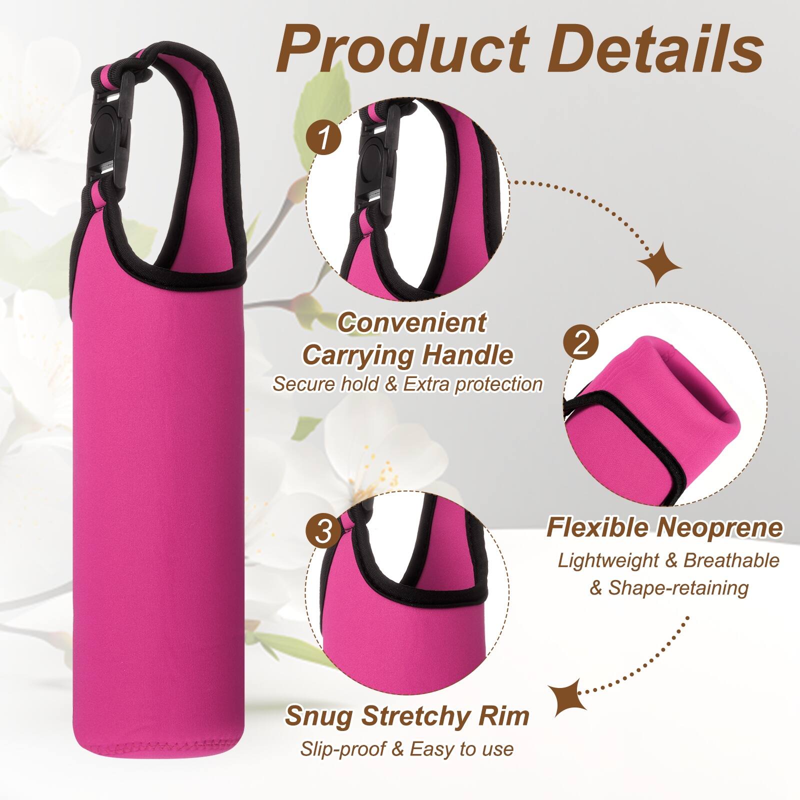 Product Details

1. Convenient Carrying Handle
   - Secure hold & Extra protection

2. Flexible Neoprene
   - Lightweight & Breathable & Shape-retaining

3. Snug Stretchy Rim
   - Slip-proof & Easy to use