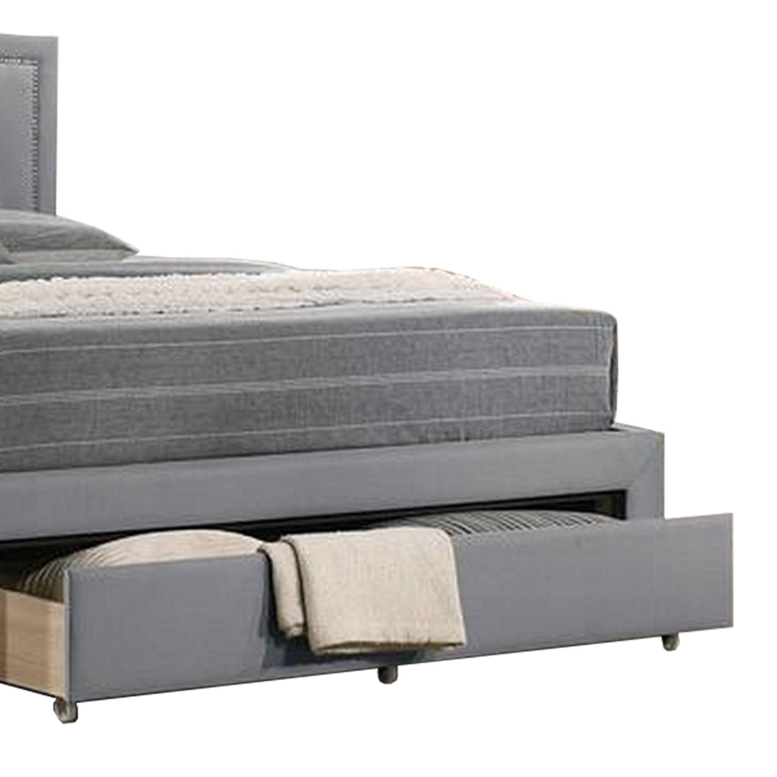 Alt View 2. Manhattan Lane - Buk Upholstered Tufted Twin Bed with Storage, Nailhead Trim, Gray Burlap - Gray.