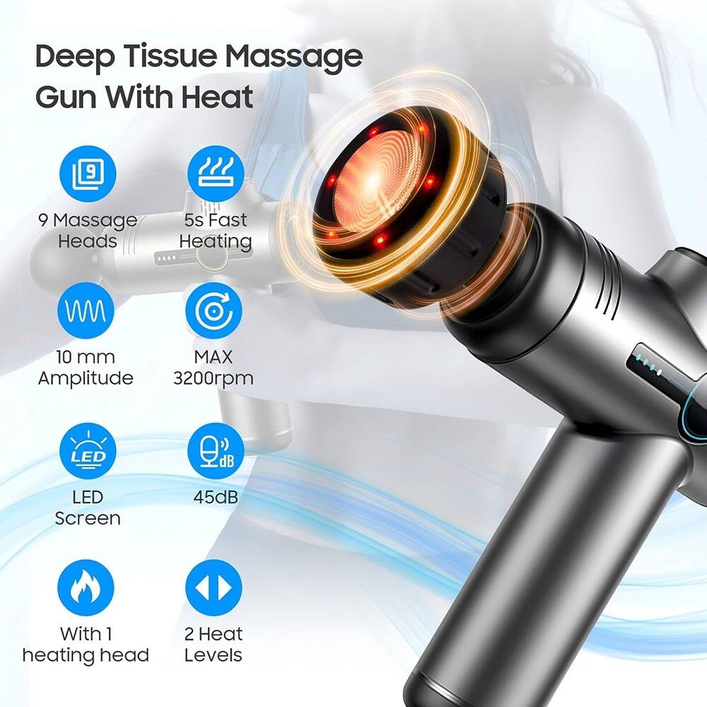 Deep Tissue Massage Gun With Heat

- 9 Massage Heads
- 5s Fast Heating
- 10 mm Amplitude
- MAX 3200rpm
- LED Screen
- 45dB
- With 1 heating head
- 2 Heat Levels